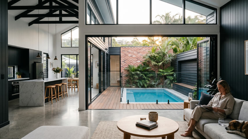 Quorum Studios character renovation interior showcasing an open-plan living space with exposed steel trusses, polished concrete floors, marble kitchen island, and bifold doors opening to a courtyard pool surrounded by lush tropical planting.