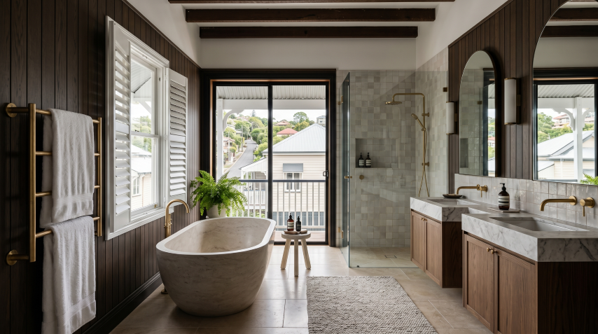 Quorum Studios bathroom interior featuring a freestanding travertine bath, brass tapware, dark timber wall panelling, exposed ceiling beams, and louvred windows framing a view over a Brisbane suburban streetscape.