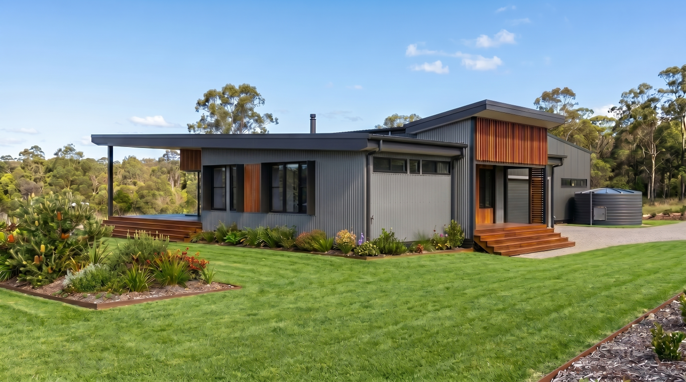 Side elevation of The Runway House showing vertical timber battens, Colorbond wall cladding, and a hardwood timber staircase leading up to the entry deck.