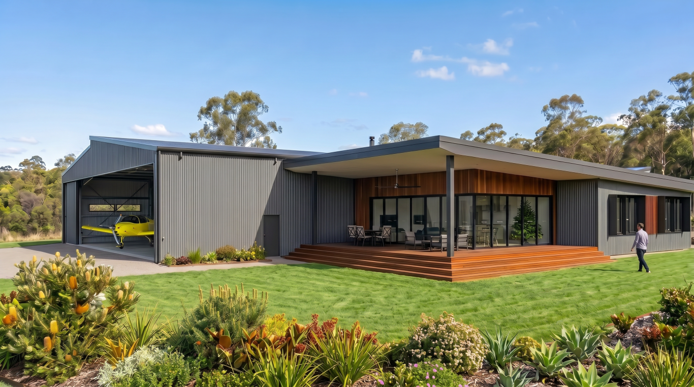 The Runway House hangar and residence, showing the covered outdoor deck connecting the aircraft hangar to the open-plan kitchen and living space, with a light aircraft parked inside the hangar.