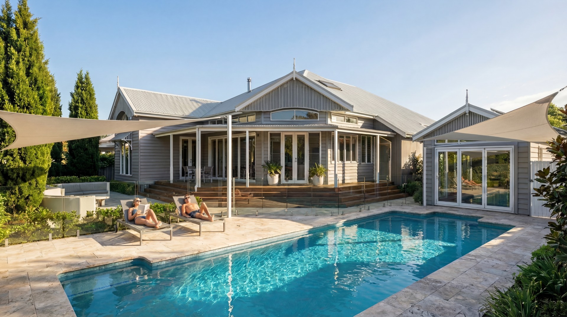 Queenslander extension angled towards the pool, with a verandah deck, glass pool fence and pool pavilion in Tingalpa