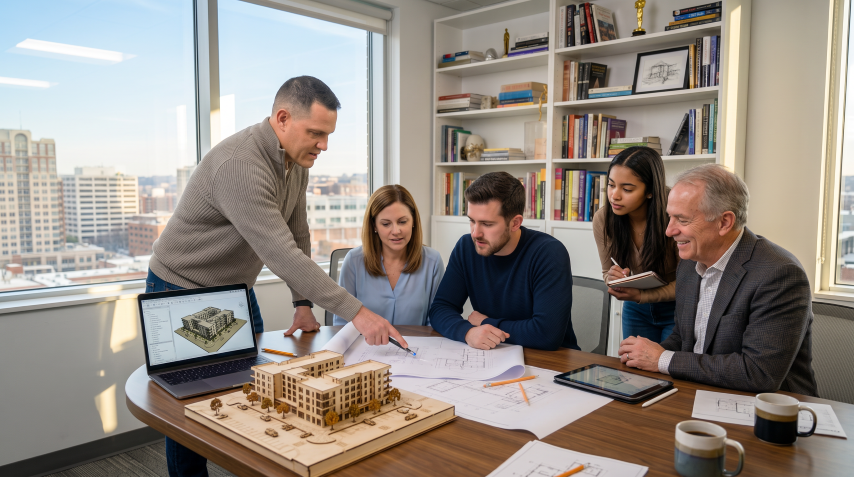 Quorum Studios, Brisbane residential architects — architect reviewing house plans and a model with homeowners to discuss their build budget