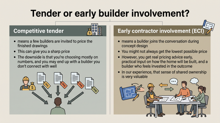 Quorum Studios, Brisbane residential architects — comparison of competitive tender and early contractor involvement when bringing a builder on board