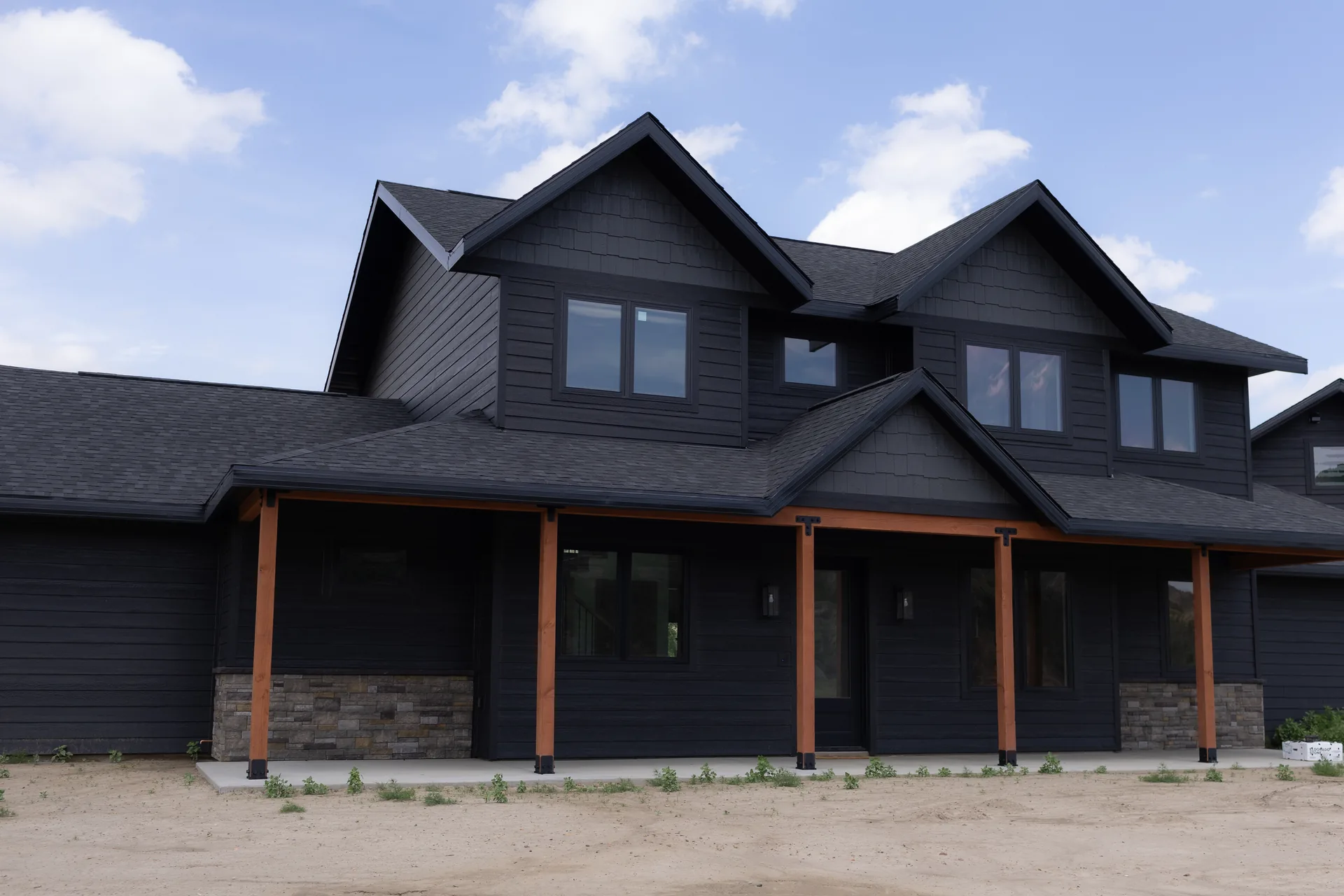 Front elevation of custom home with covered porch and stone accents