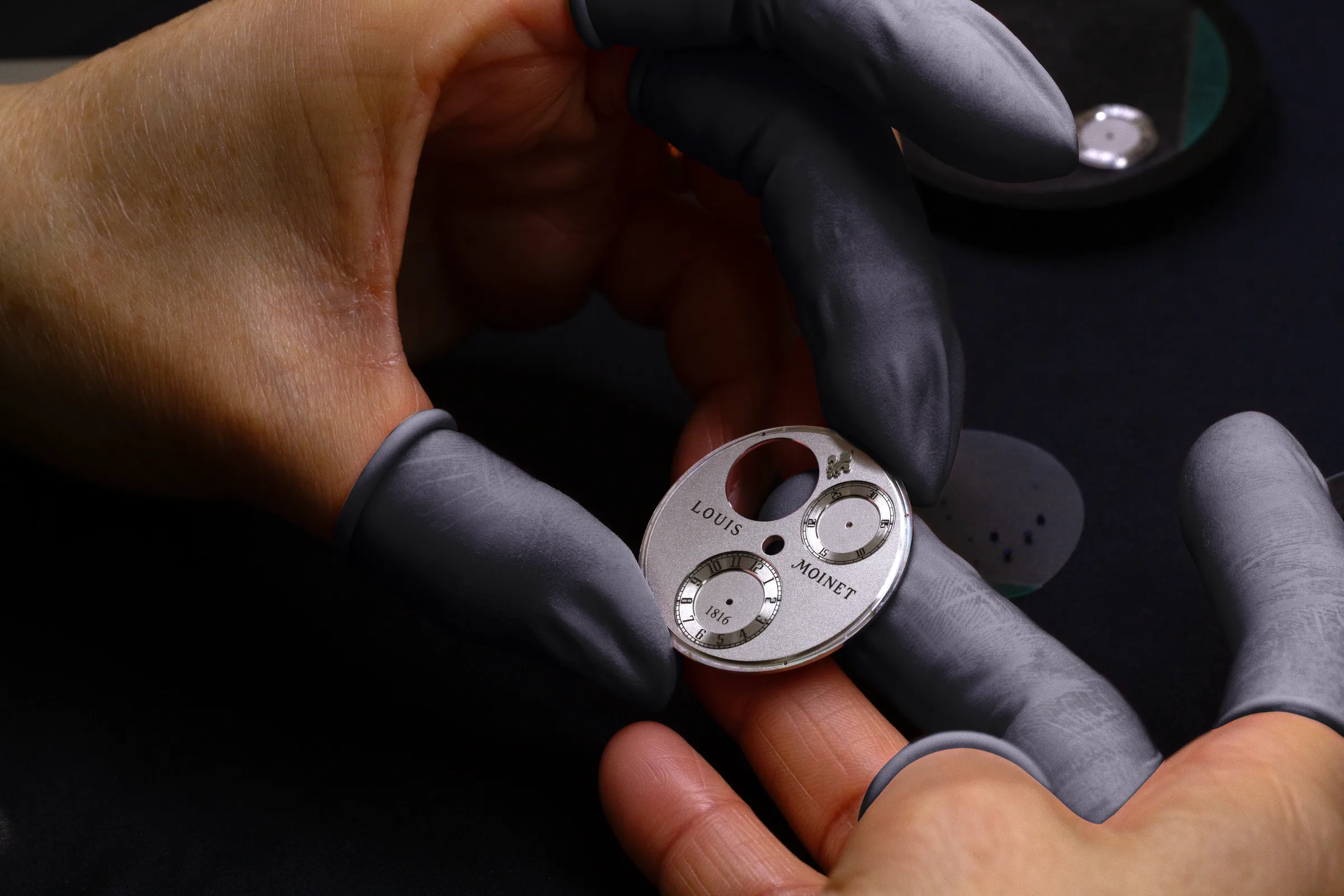 The Louis Moinet 1816 Chronograph Dial being assembled