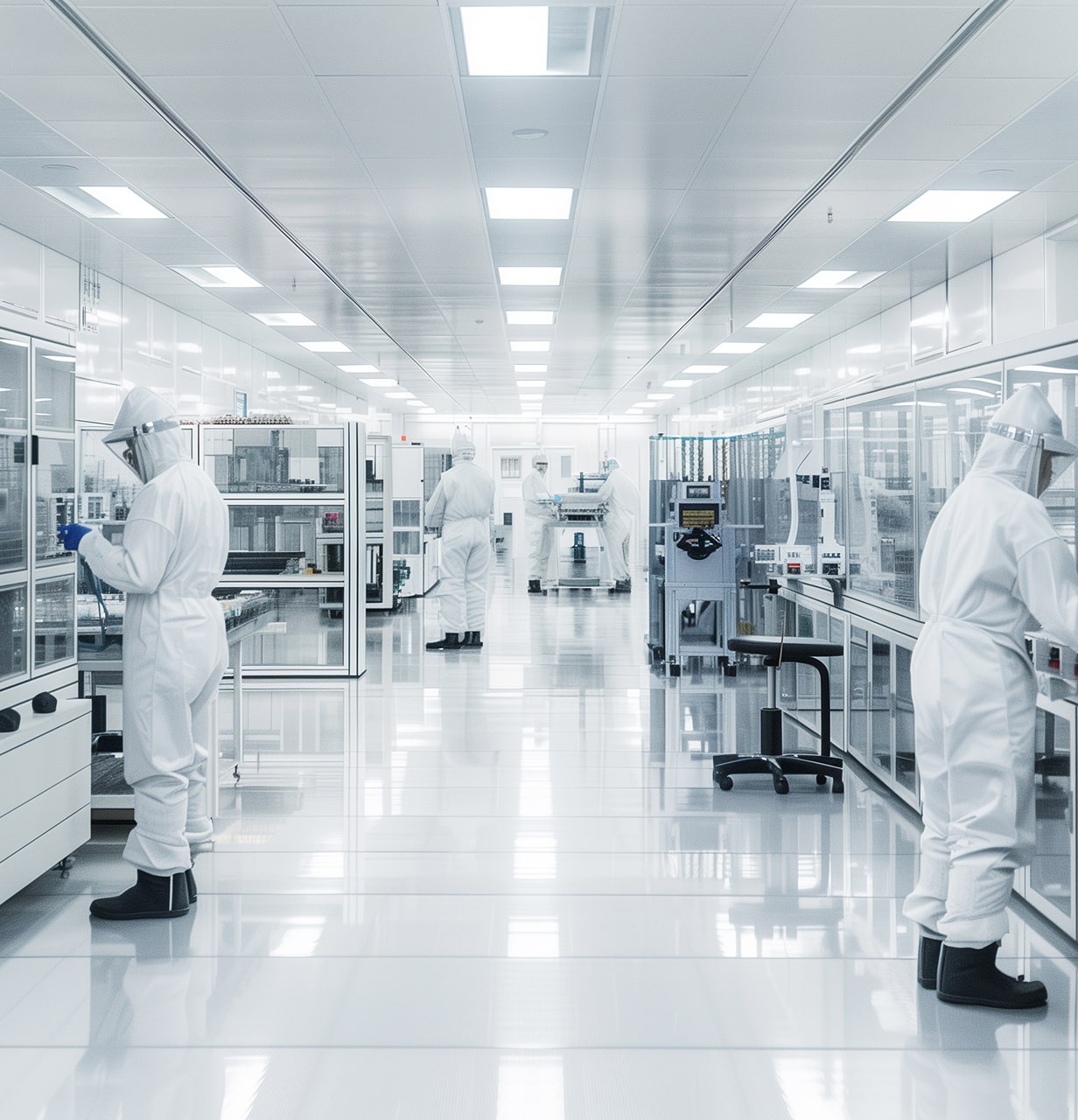 クリーンルーム内で防護服を着用し、検査や操作を行う複数の作業員。