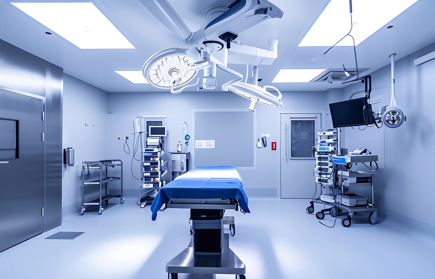 手術用ライトが天井から照らす無菌の手術室に青いシートがかかった手術台。