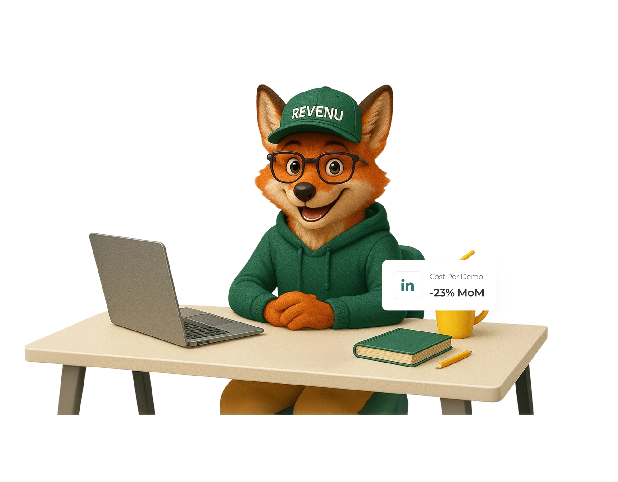 Animated fox character wearing glasses and green hoodie and cap labeled 'REVENUE' sitting at a desk with a laptop, book, pencil, and yellow mug, with a floating text box showing 'Cost Per Demo -23% MoM'.