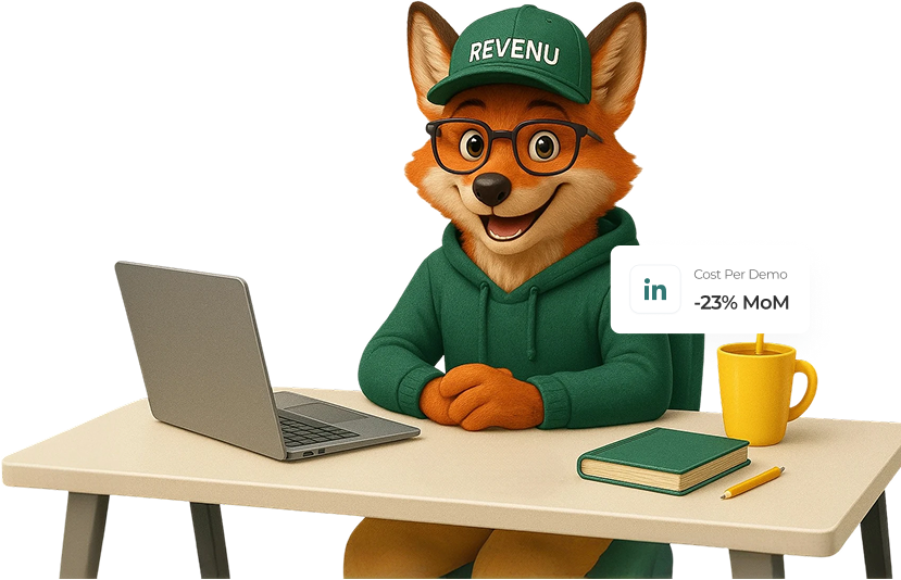Animated fox character wearing glasses and green hoodie and cap labeled 'REVENUE' sitting at a desk with a laptop, book, pencil, and yellow mug, with a floating text box showing 'Cost Per Demo -23% MoM'.