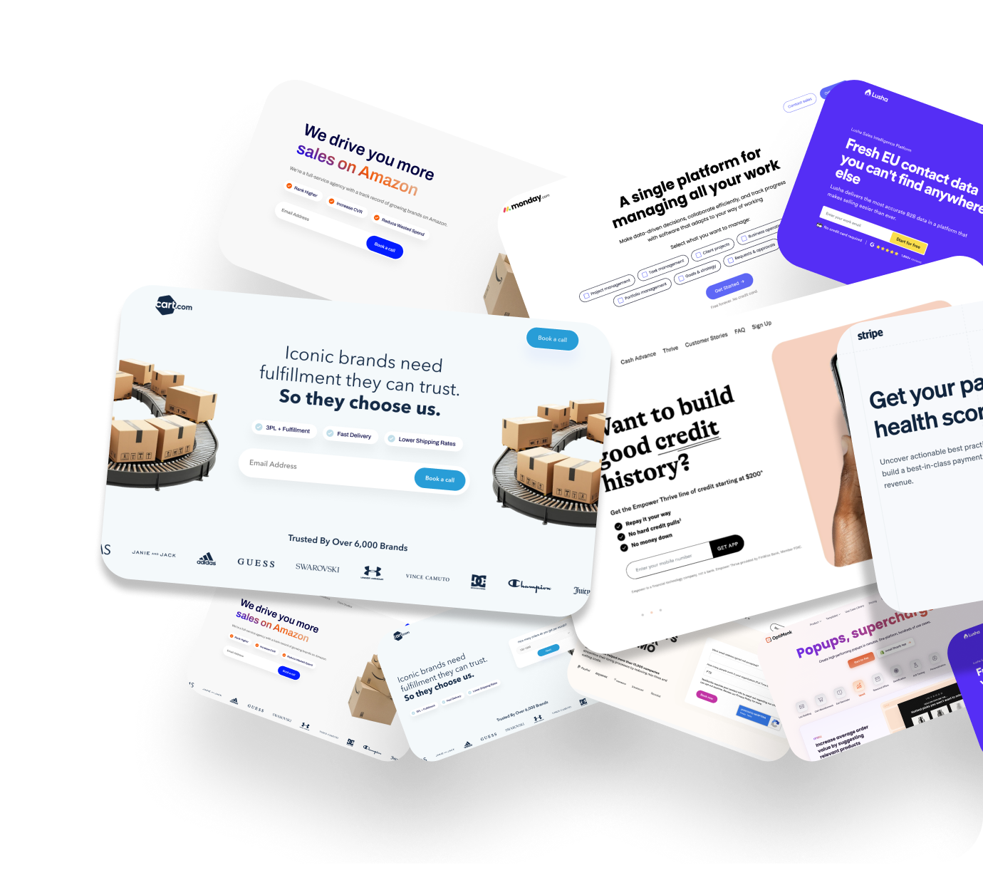 Collage of various website landing pages showcasing e-commerce, fulfillment services, project management, credit building, contact data, and payment health score platforms.
