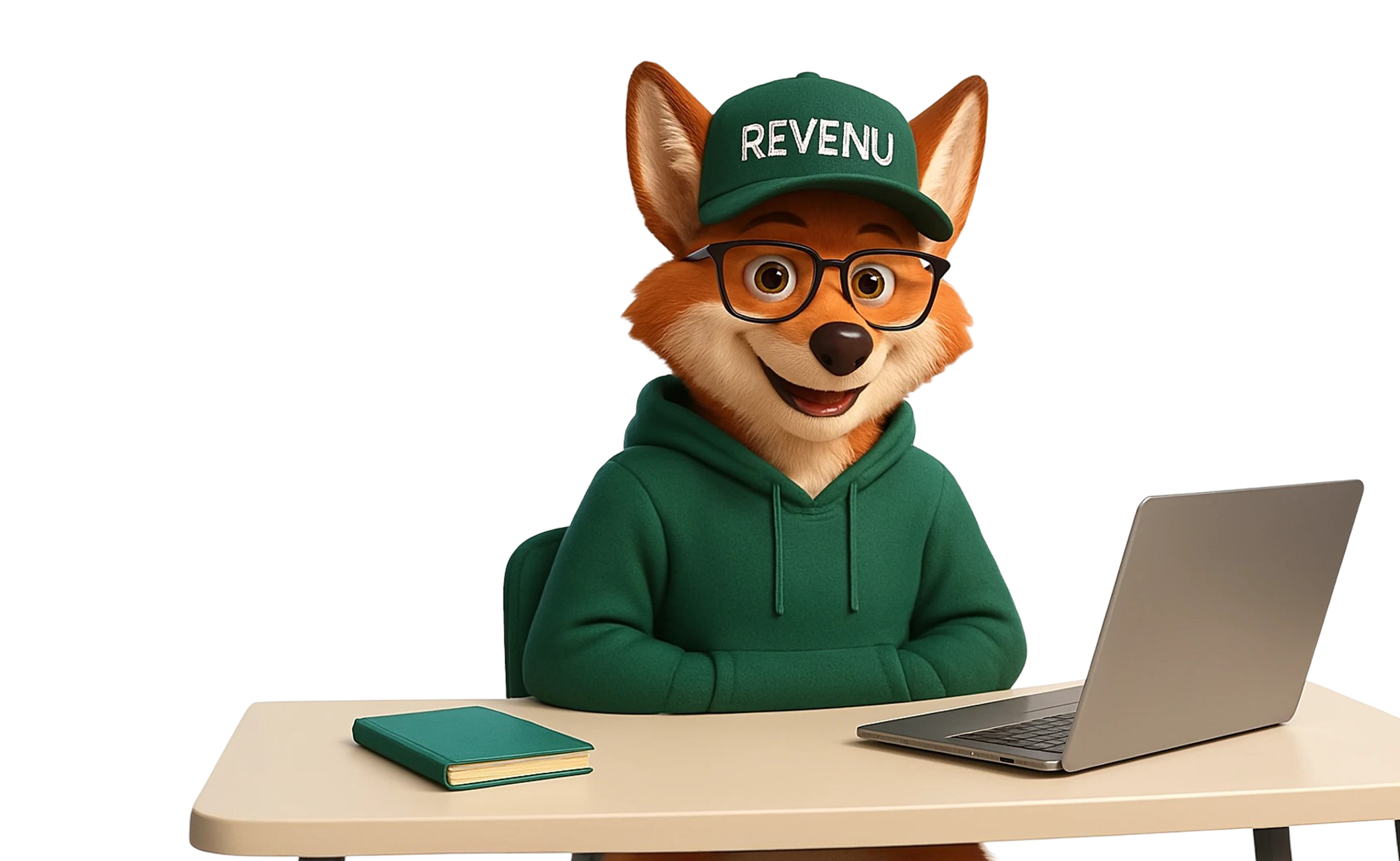 Smiling fox character wearing glasses and a green hoodie and cap sitting at a desk with a laptop and book.