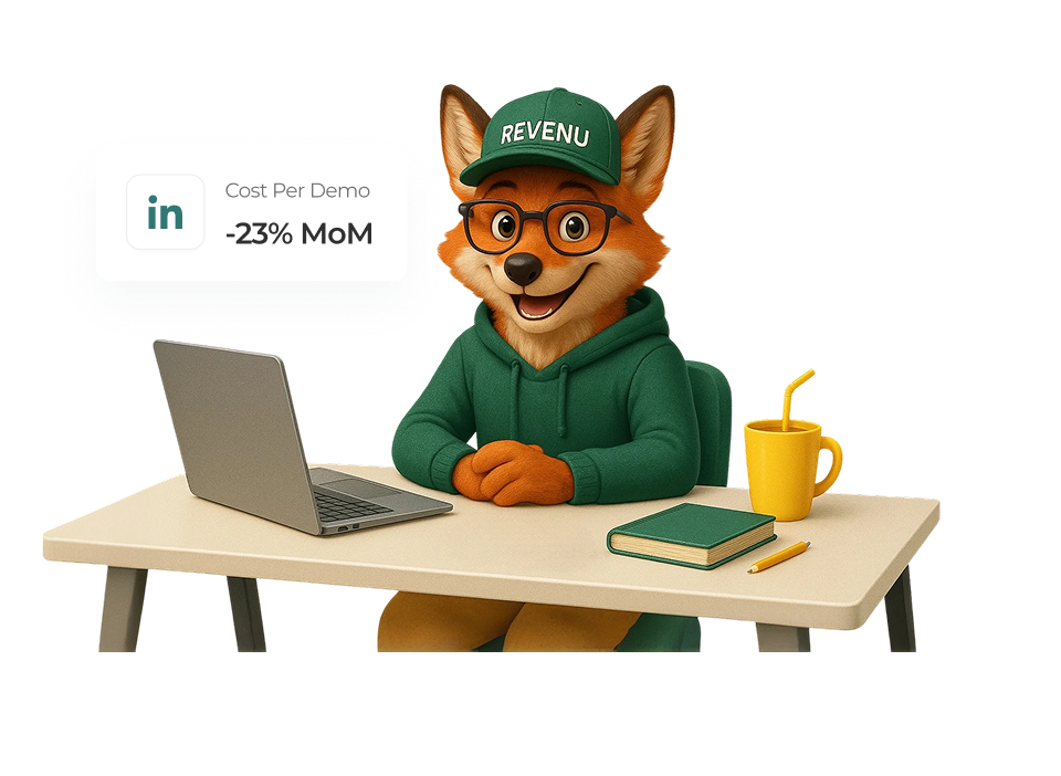Anthropomorphic fox wearing glasses, a green hoodie, and a green cap labeled 'REVENYU' sits at a desk with a laptop, a closed book, a pencil, and a yellow mug with a straw.