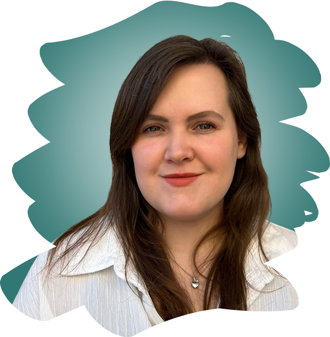 Portrait of a woman with long brown hair wearing a white shirt and a heart-shaped necklace, smiling gently against a teal abstract background.