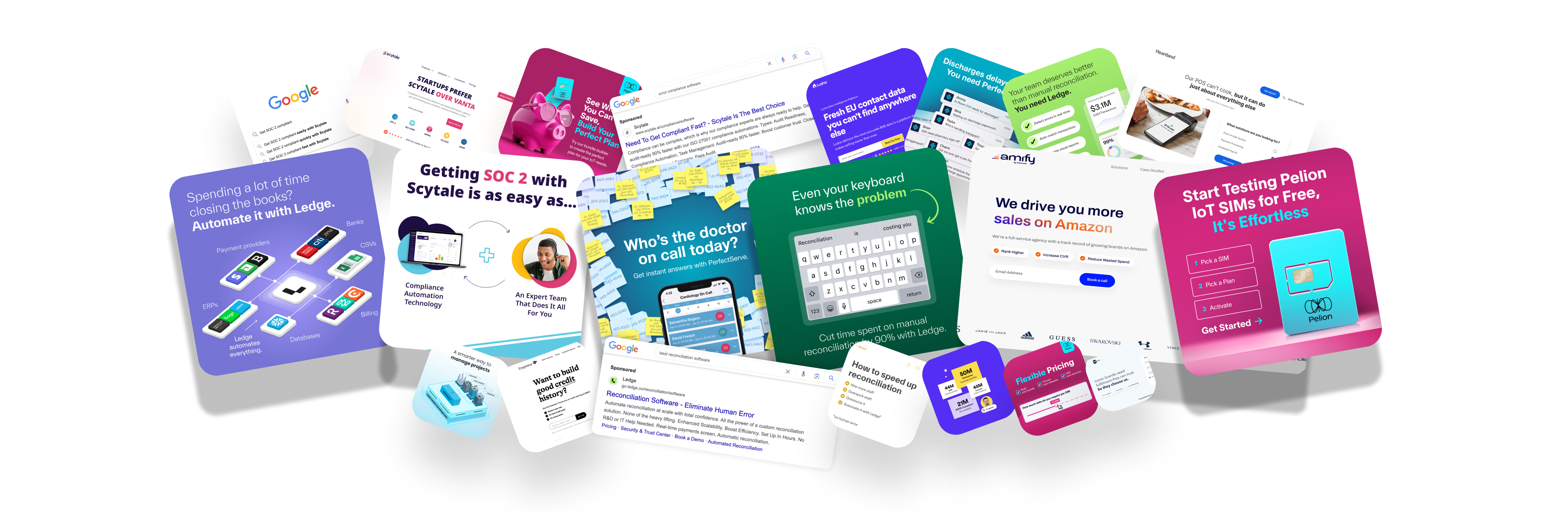 Collage of digital marketing and software interface screenshots promoting automation, reconciliation, compliance, and IoT SIM services.