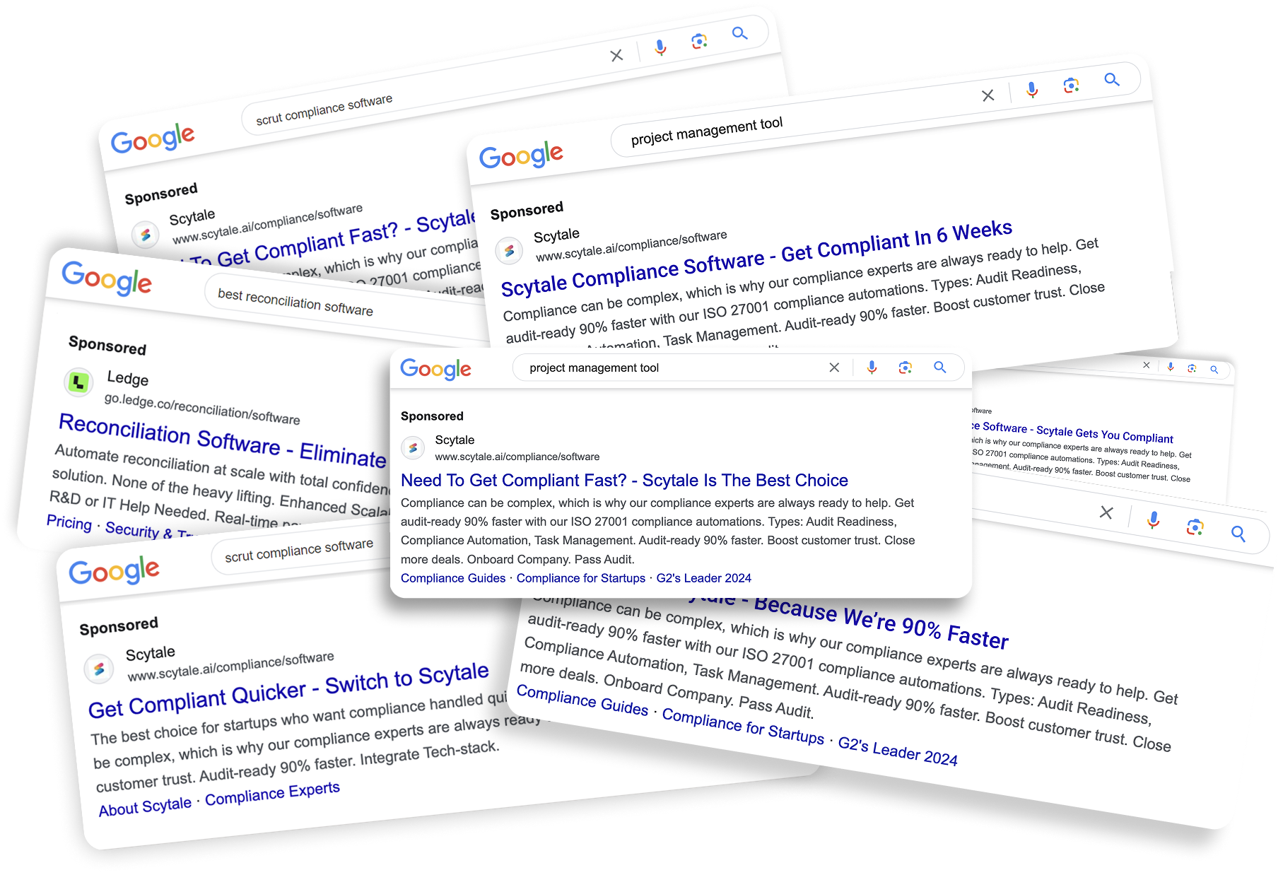 Collage of Google search ad results for compliance, reconciliation, and project management software featuring Scytale and Ledge sponsored ads.