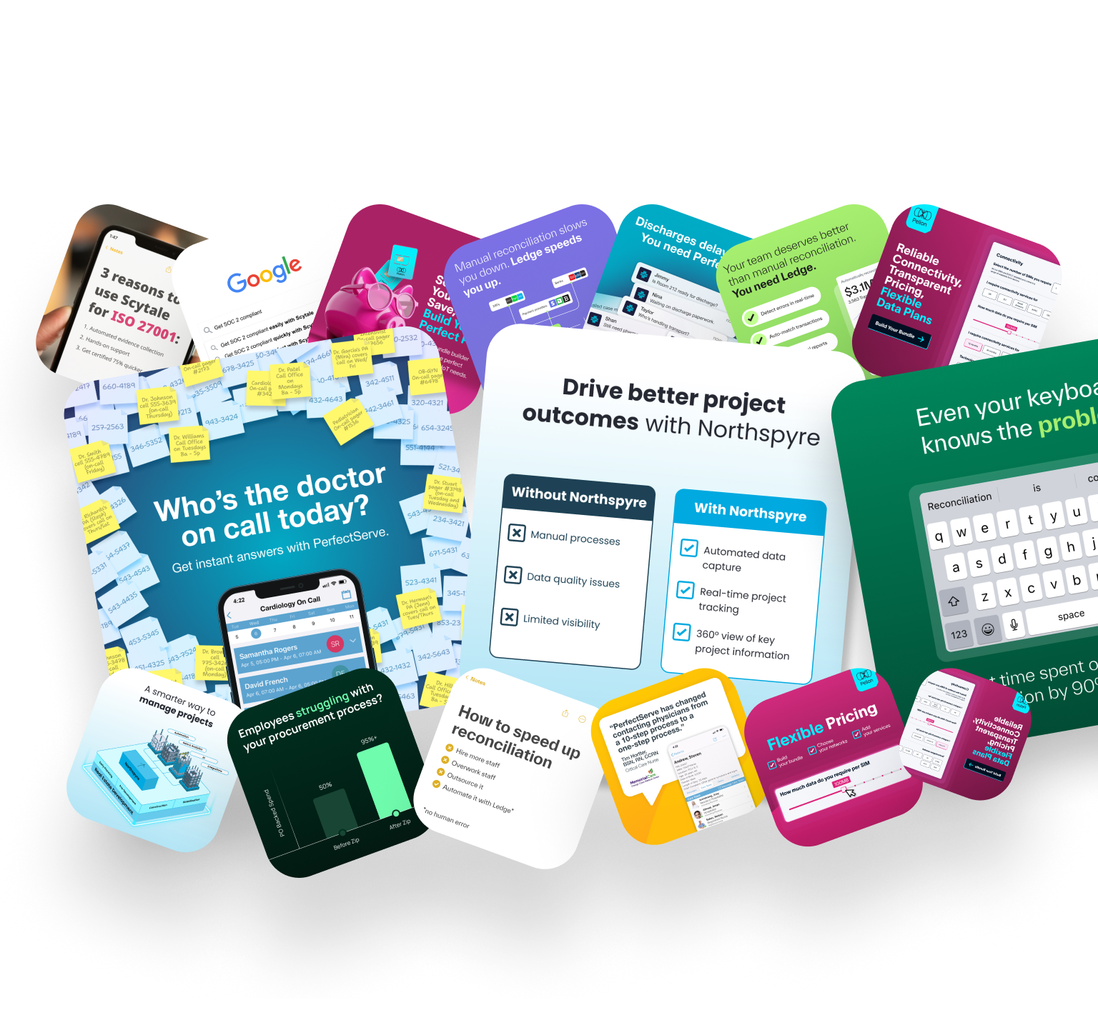 Collage of digital marketing and project management visuals showing features and benefits of PerfectServe, Northspyre, Ledge, and Pelon including automated data capture, real-time tracking, reconciliation tools, flexible pricing, and procurement improvements.