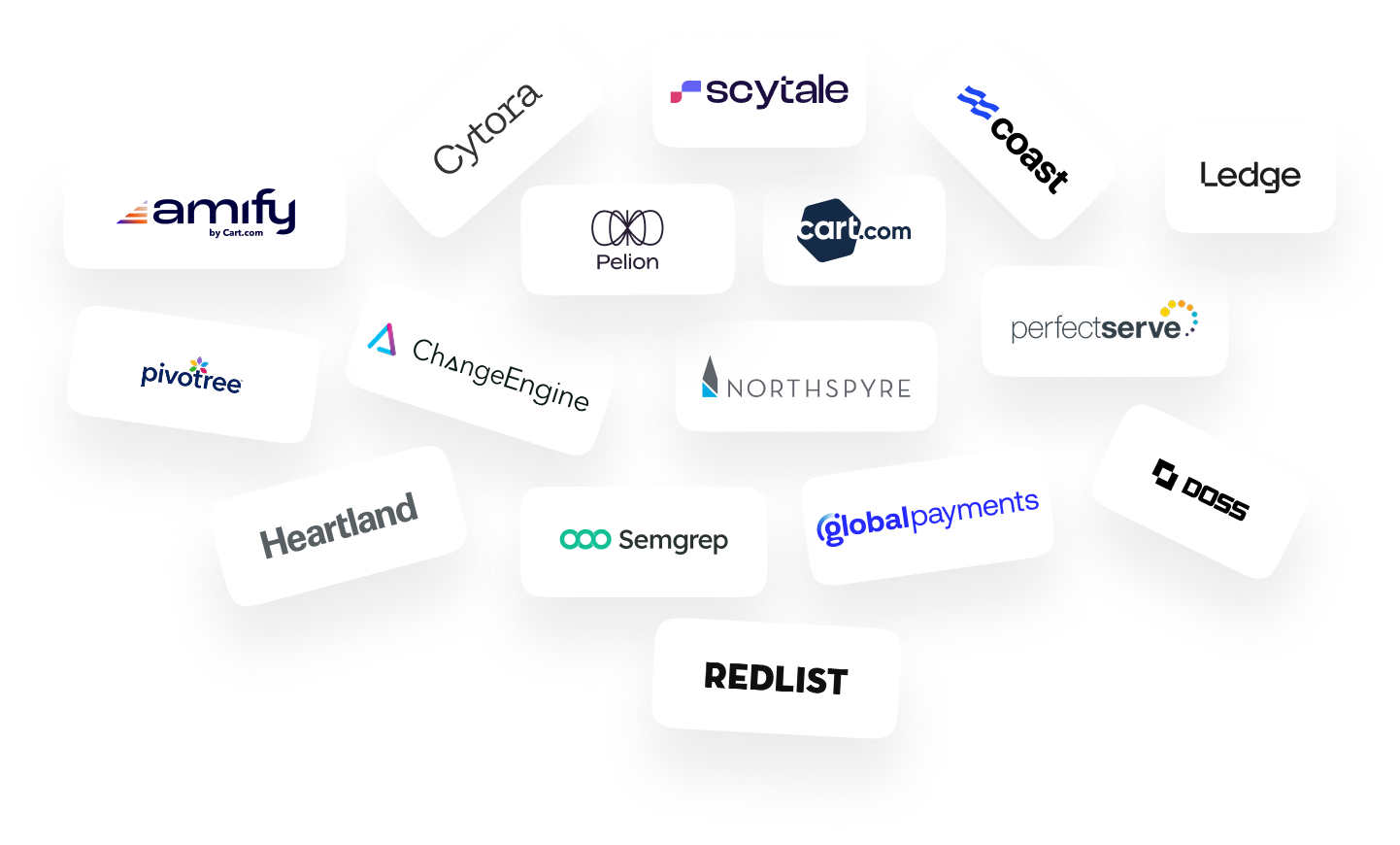 Collection of logos from various companies including Amify, Cytora, Scytale, Coast, Ledge, Pivottree, ChangeEngine, Pelion, Cart.com, Northspyre, PerfectServe, Heartland, Semgrep, Global Payments, Doss, and Redlist.