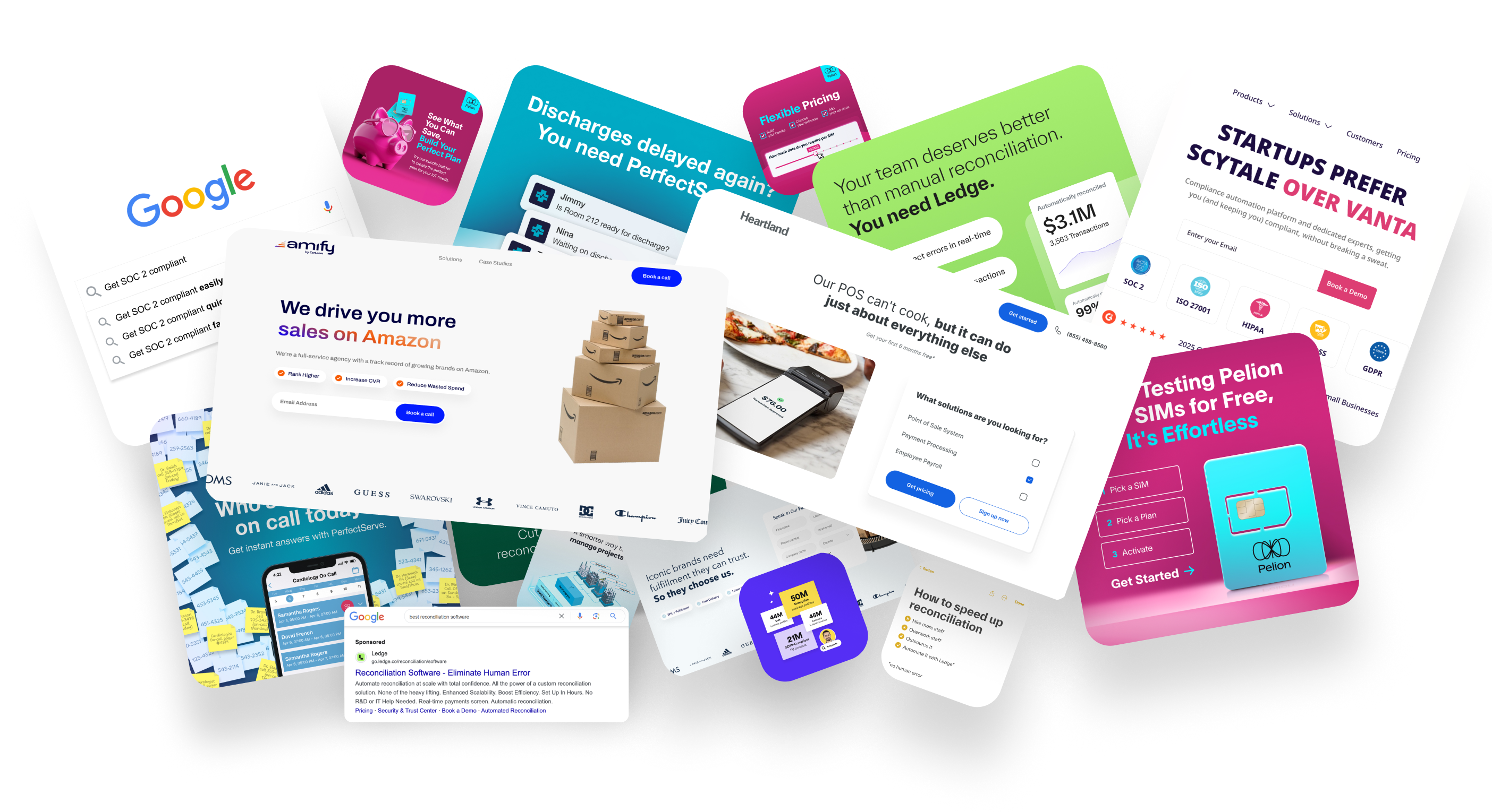 Collage of various software and service web interfaces including Google search, e-commerce sales, point of sale solutions, SIM testing, pricing plans, and reconciliation tools.