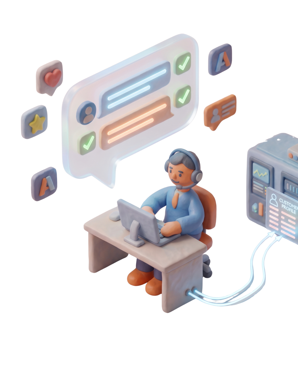 3D clay customer support manager managing live chat data profiles.