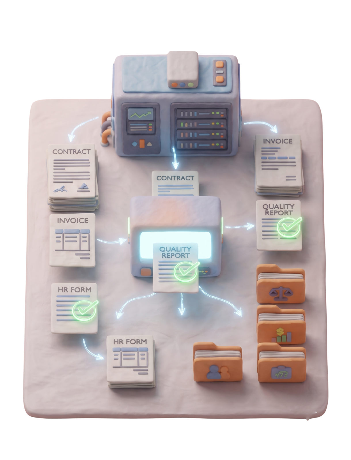 3D clay server automatically processing and sorting enterprise document files.