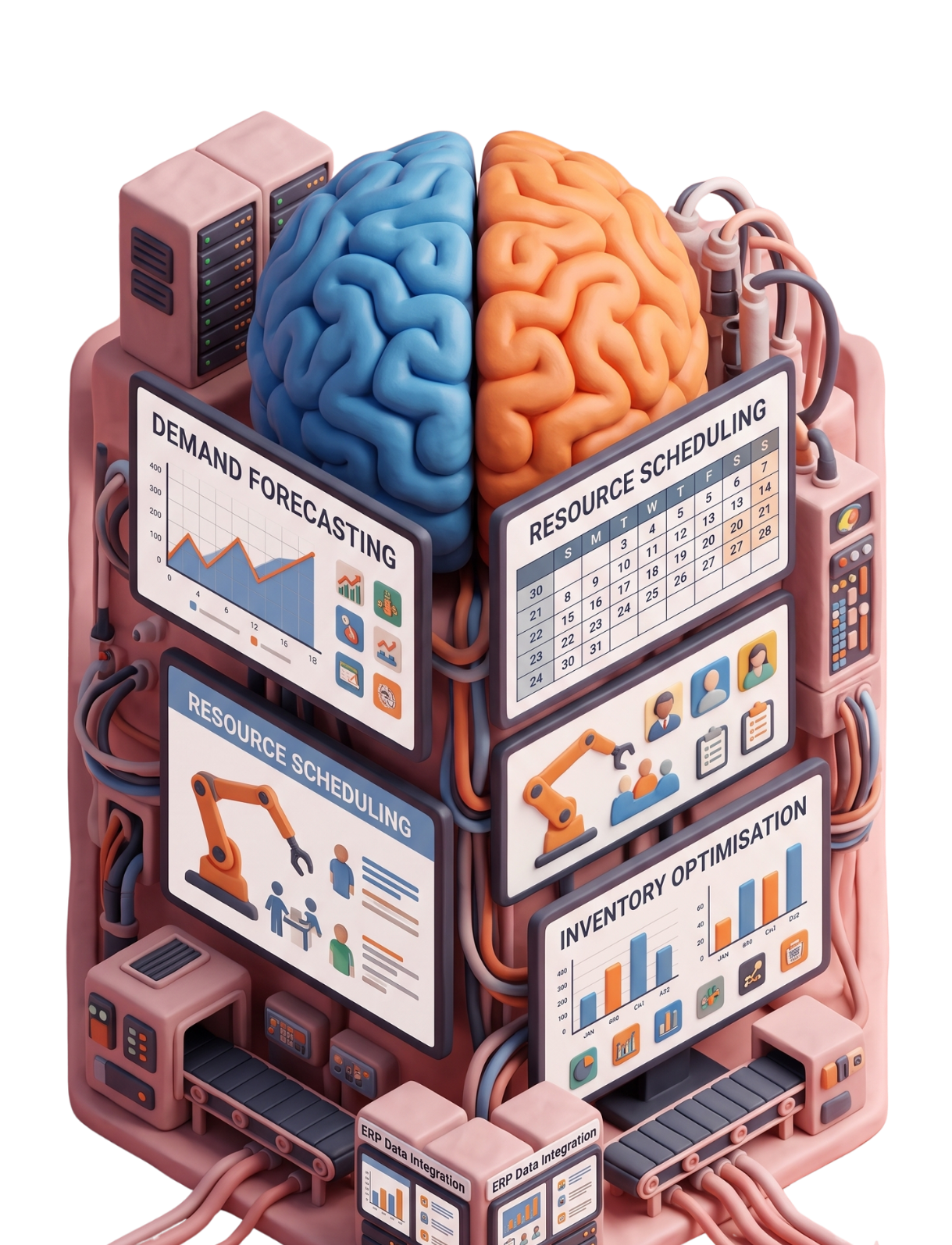 3D clay AI brain managing demand forecasting and inventory optimization.