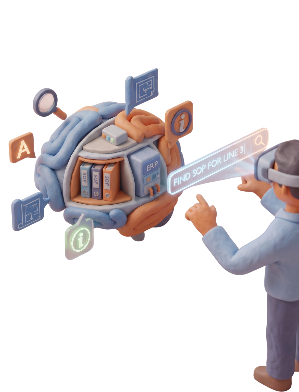 3D clay VR user searching digital brain for enterprise SOPs.