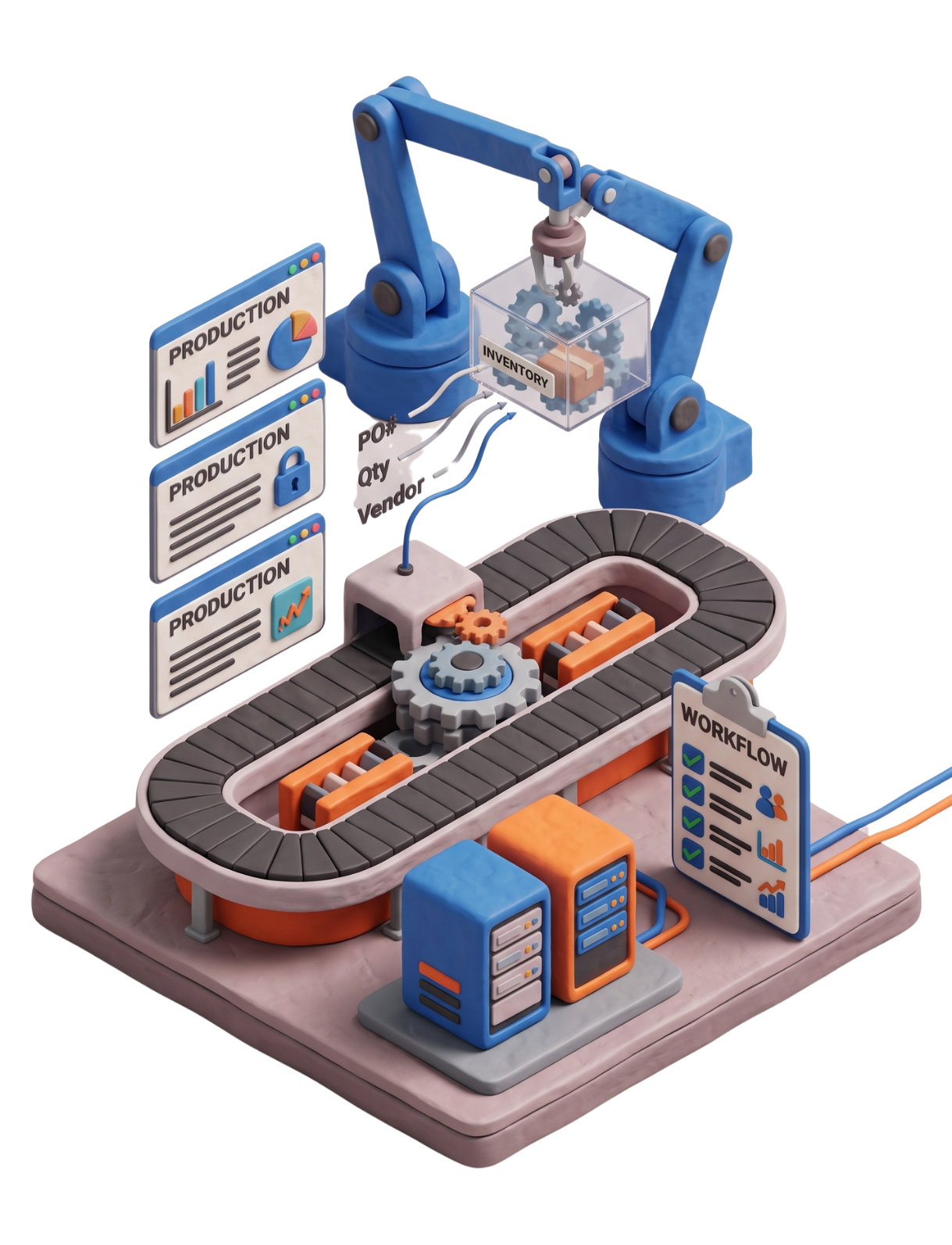 3D clay robotic arm handling automated inventory and production schedules.