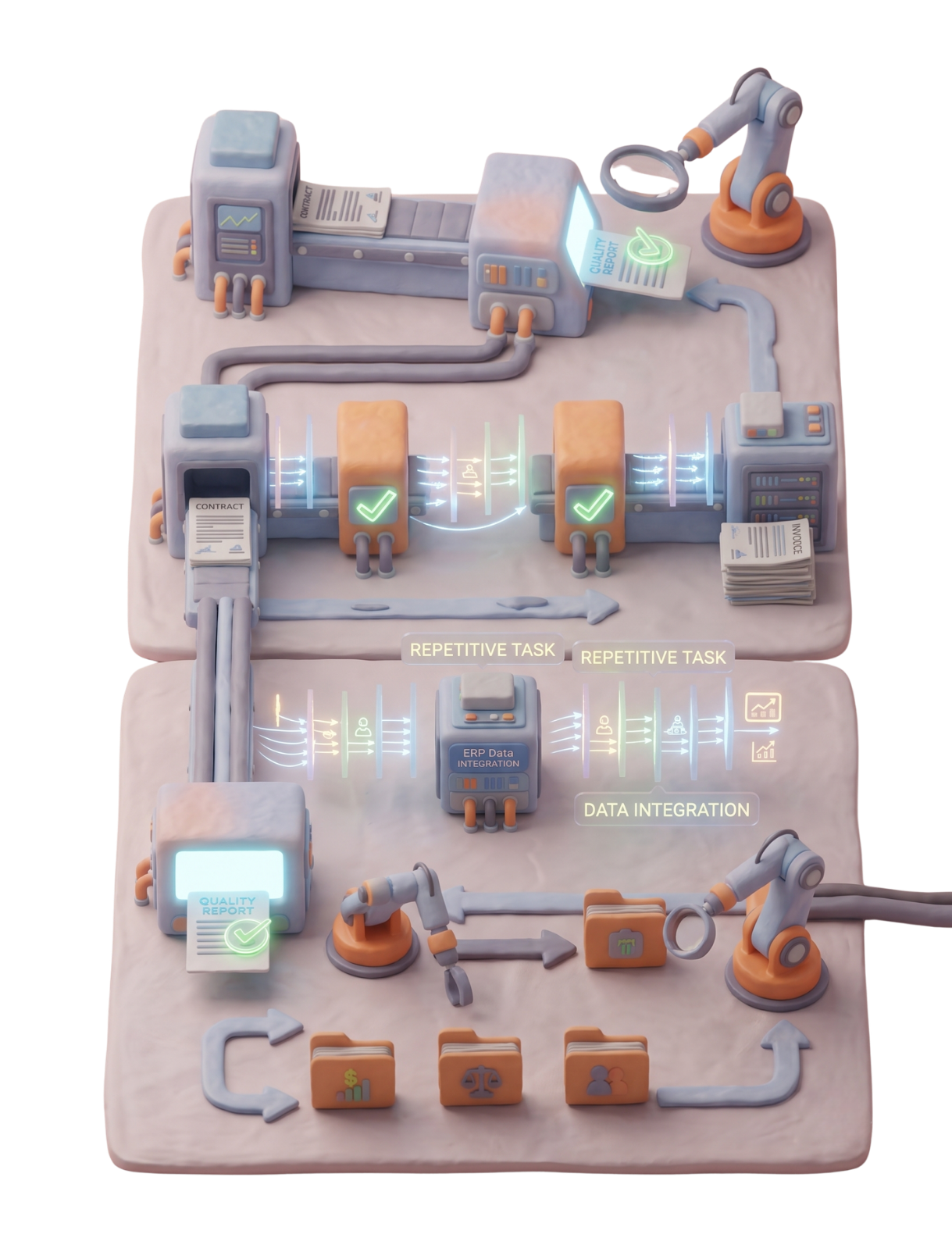 3D clay factory model representing automated business process workflow integration.