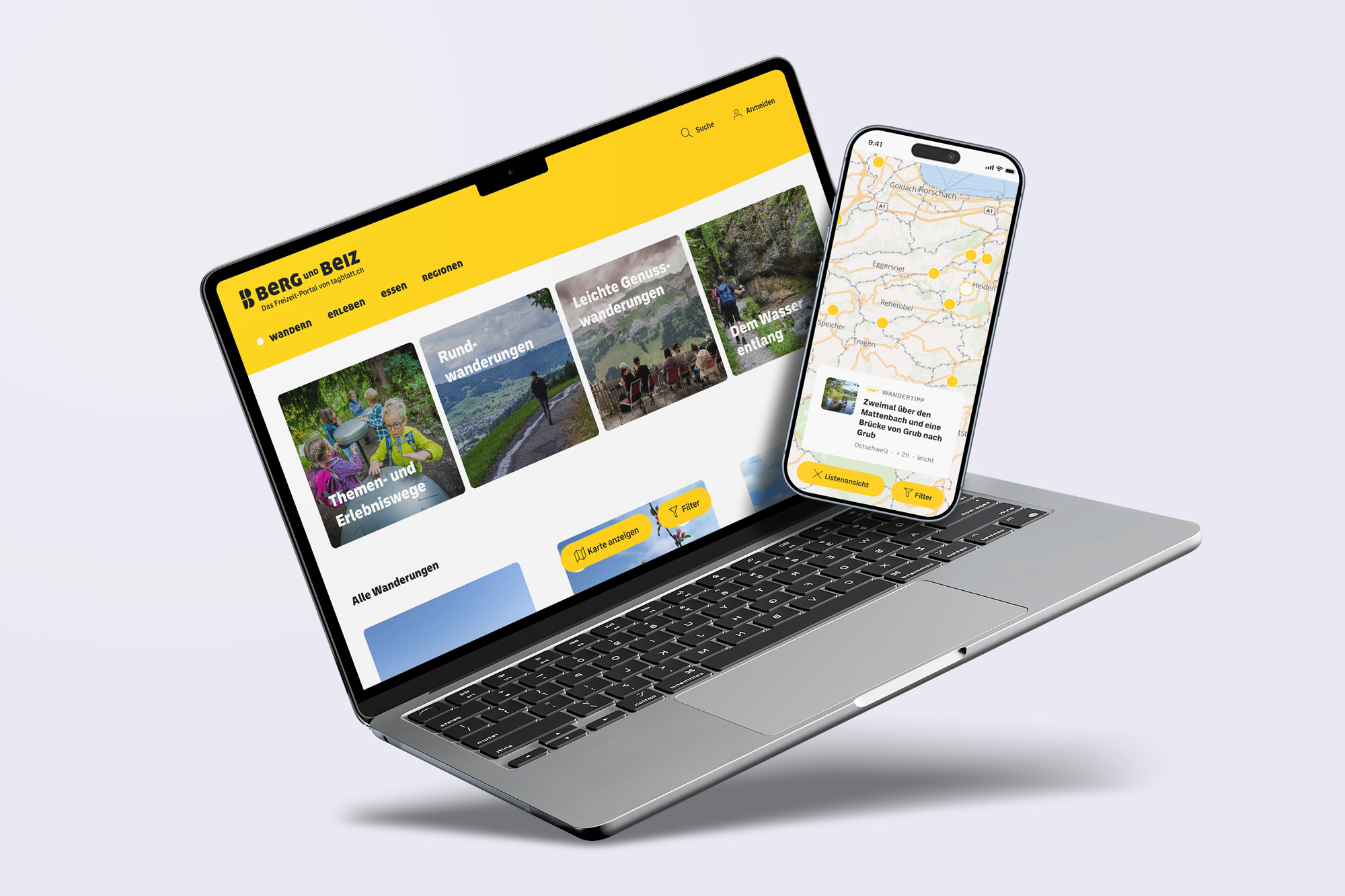 Two mockups of the Berg & Beiz application – one shows the map overview view on the mobile application, the other shows an activities subpage on desktop