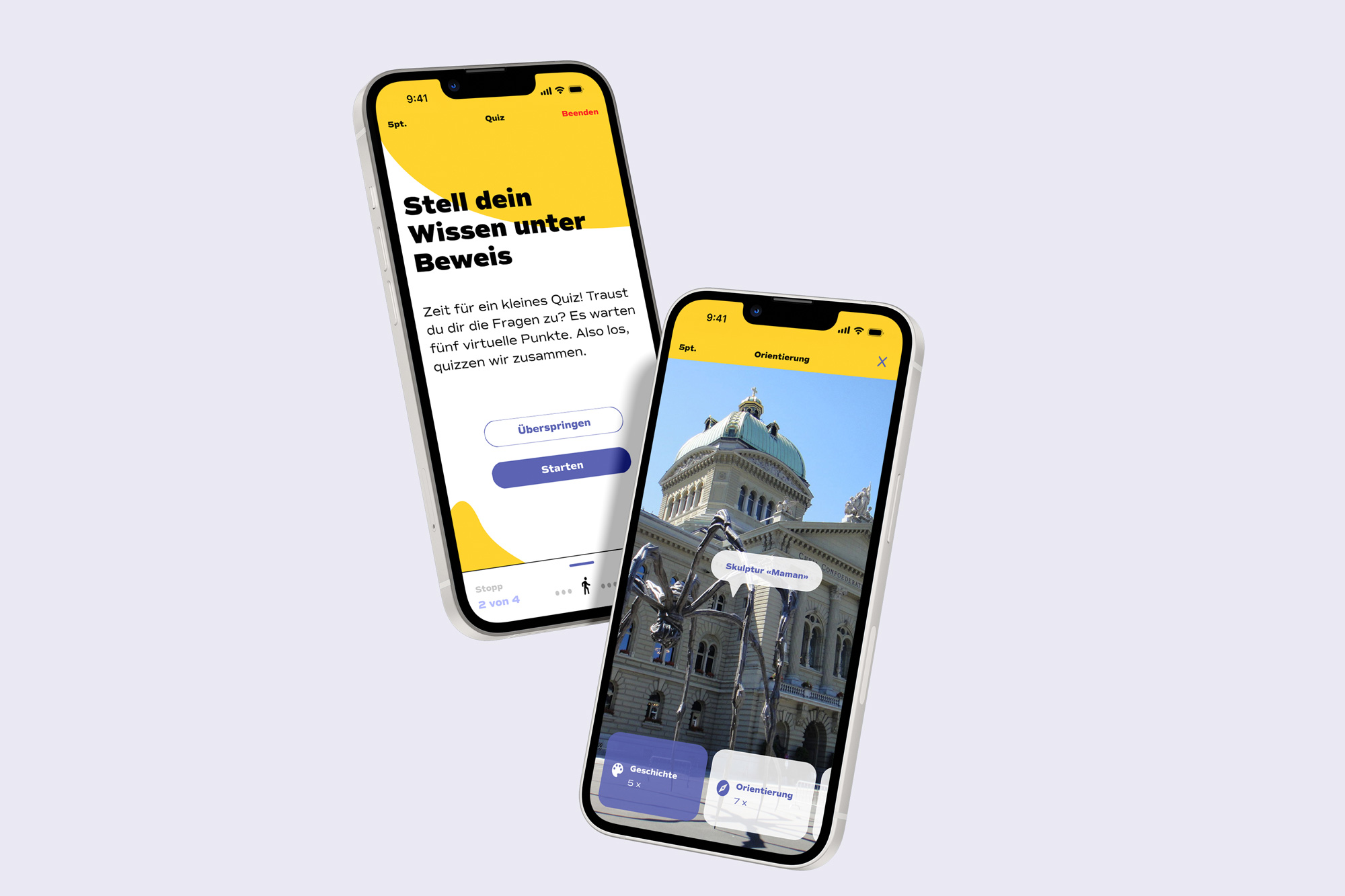 Two mobile mockups showing the start of a quiz on a tour and a tour stop with an augmented reality game