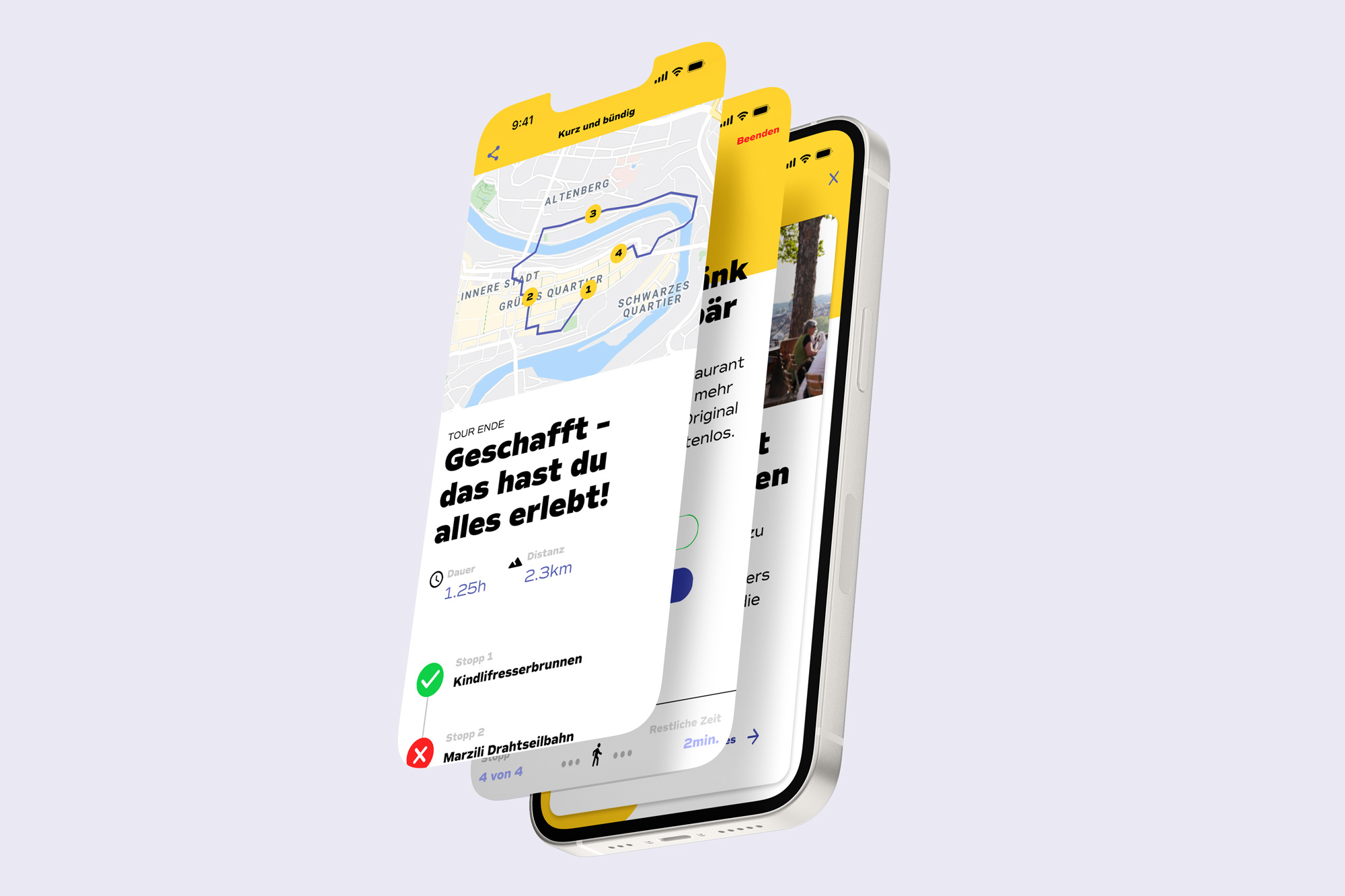 Mobile mockup with three different screens of the application, displaying an overview of the end of the tour, including a map with all the different points of interest in focus