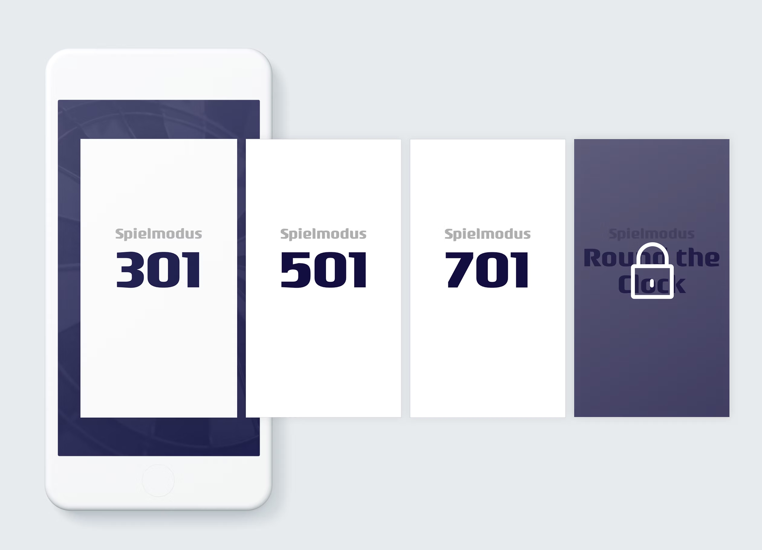 Mockup device for displaying game modes on mobile devices, showing the different game modes in a slider (301, 501, 701, and Round the Clock) – «Round the Clock» is locked with an icon because it is not available in the free app and requires an in-app purchase (IAP)