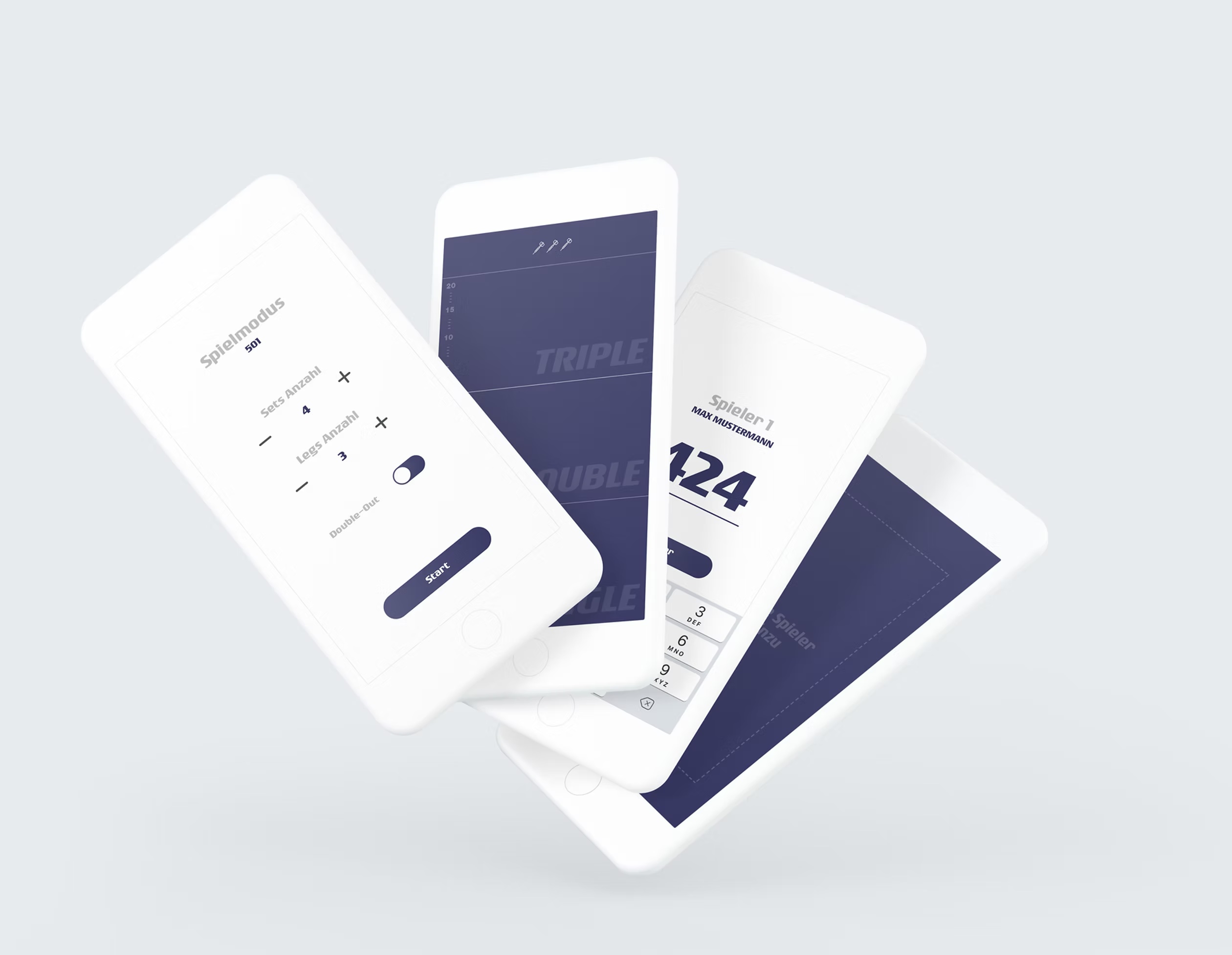 Four static mobile mockups showing different parts of the app (set up game-mode, add scoring, editing score manually and adding a new player)