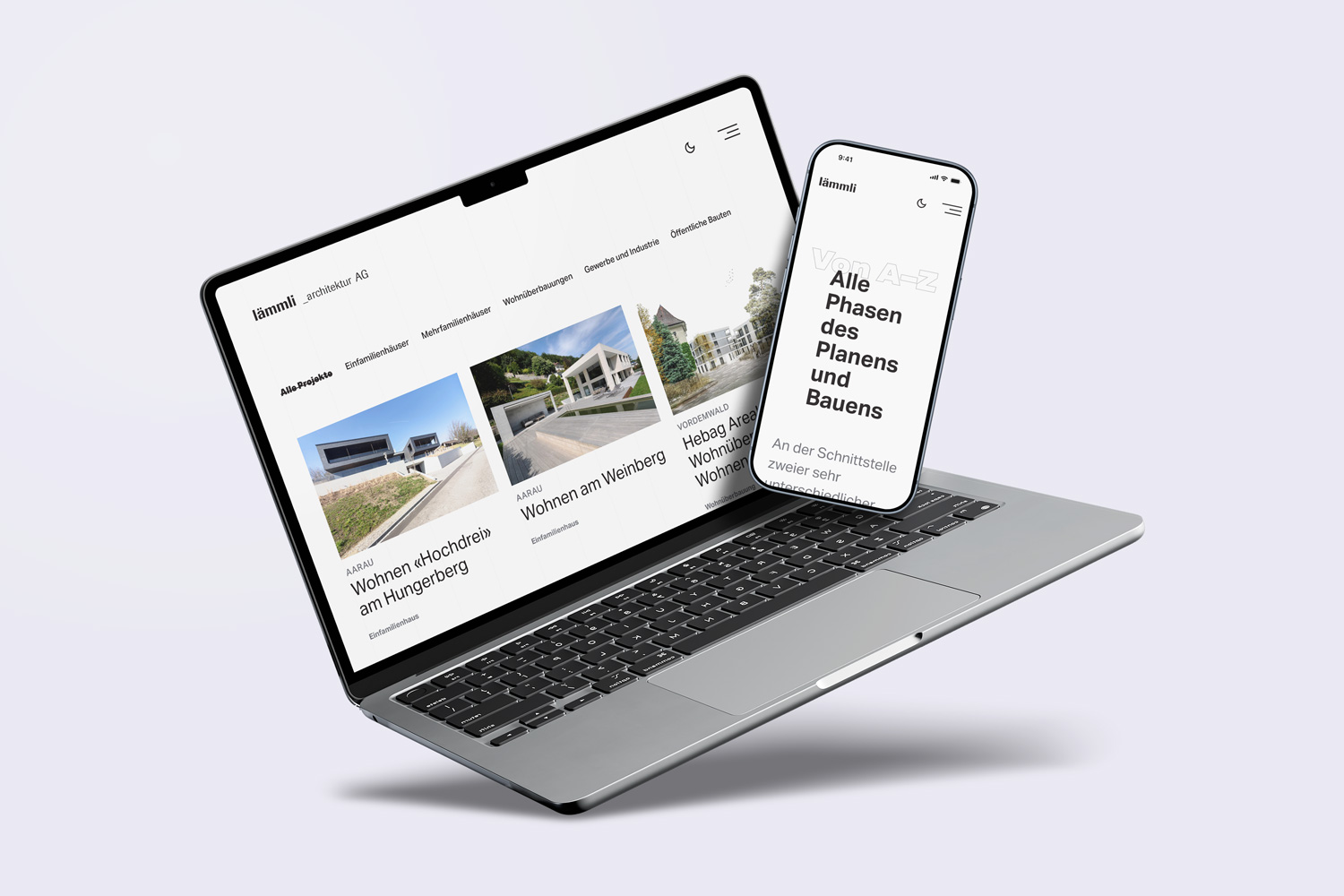 Teaser image with a desktop and a mobile mockup of the Lämmli Architektur website