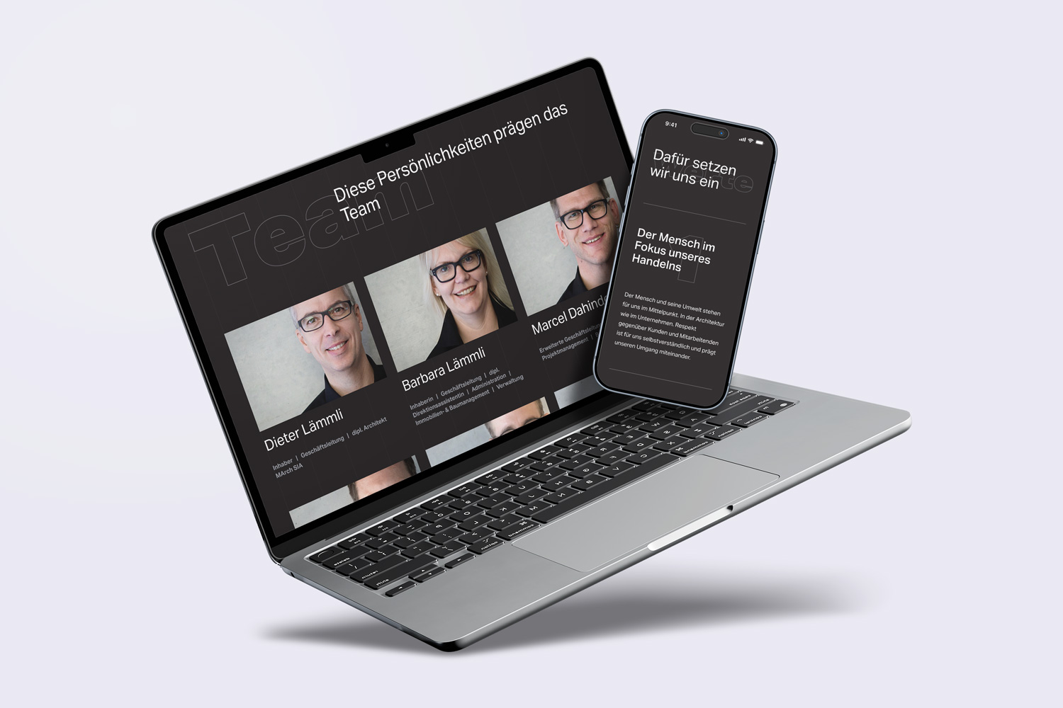 A desktop and a mobile mockup of the Lämmli Architektur team page – with tiles showing team members on the desktop and company values on the mobile device