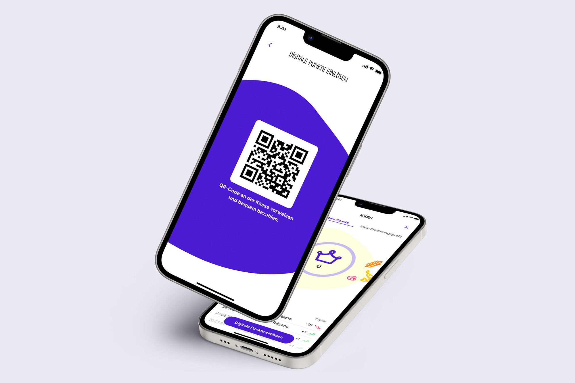 Two mobile mockups showing the digital points of the guest application and a QR code for the corresponding payment