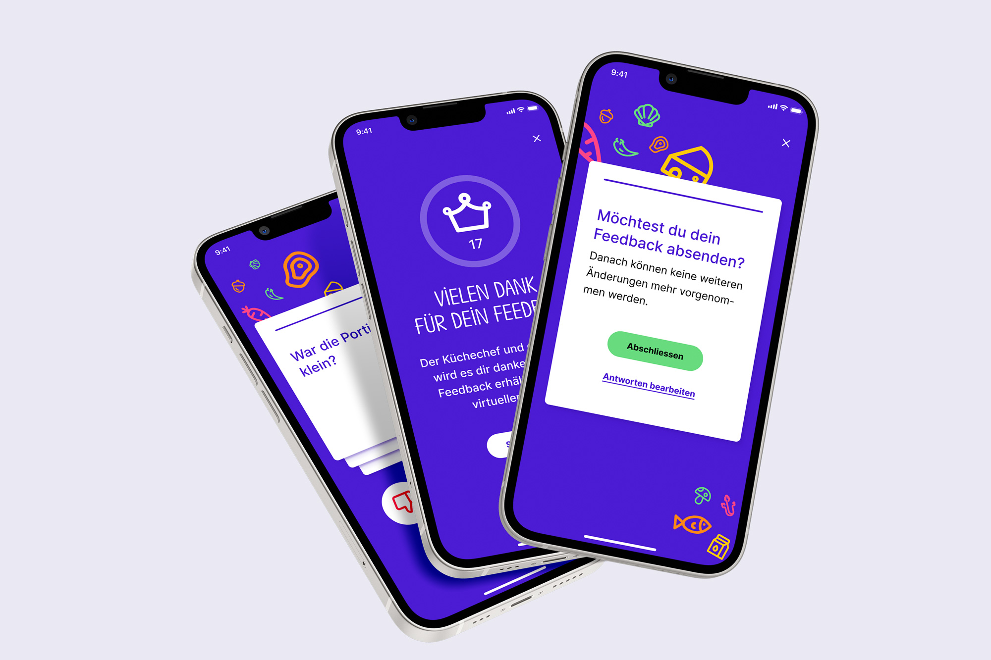 Three mobile mockups focused on showing how guests can provide feedback, including a short feedback survey with swipeable cards