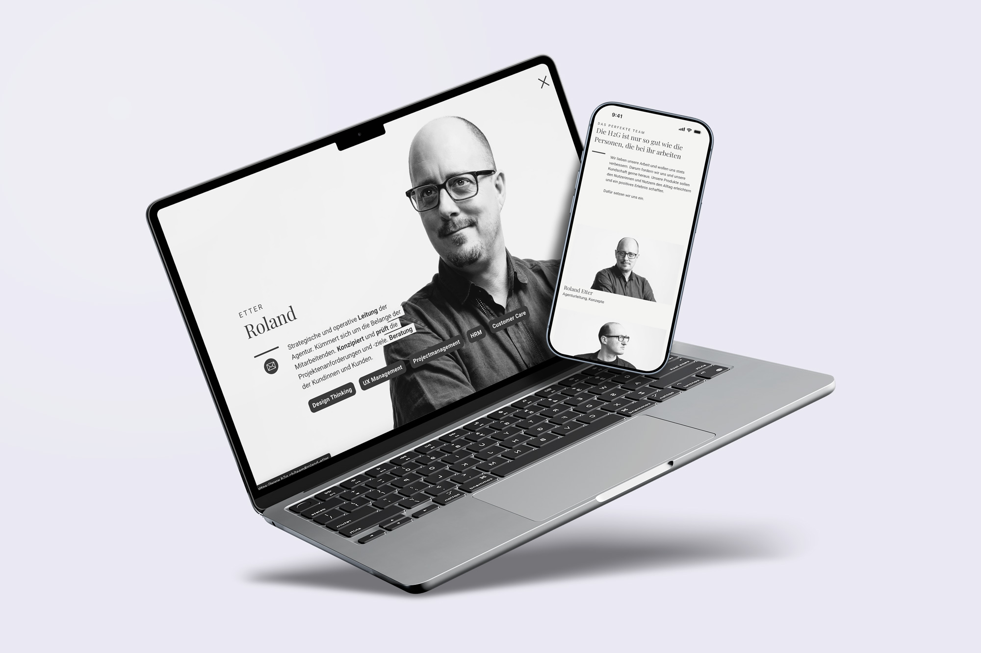 Two mockups of the H2G Internetagentur website – one shows the team overview view on mobile, the other shows the detail page of a team member with a fullscreen portrait