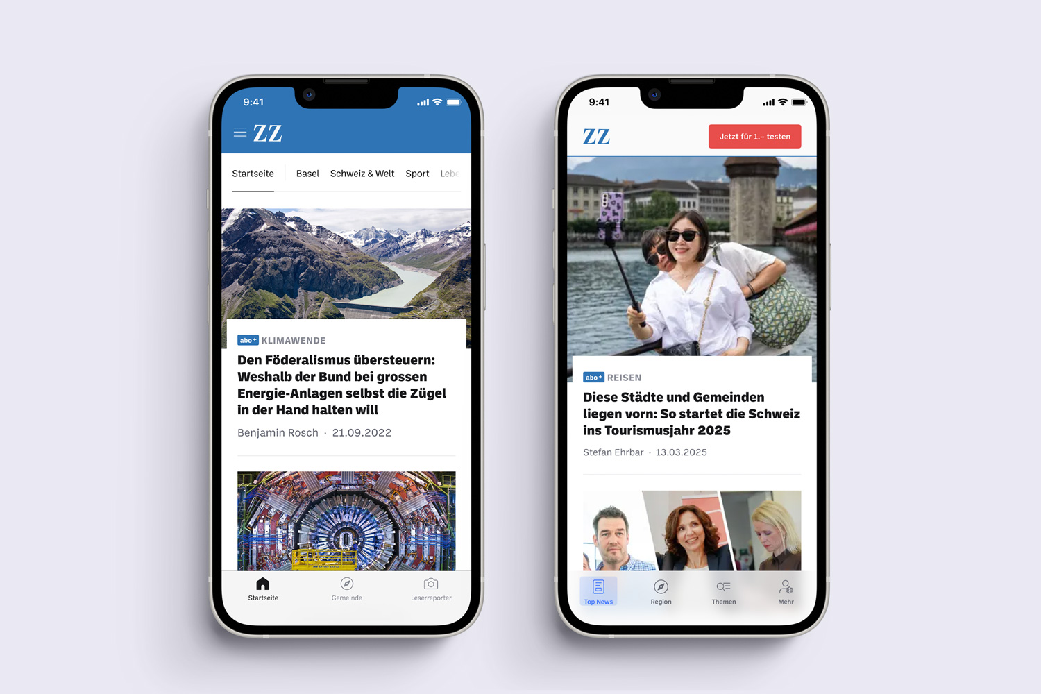 Two front view mobile mockups of the news site's front page, with the old design on the left and the new design on the right