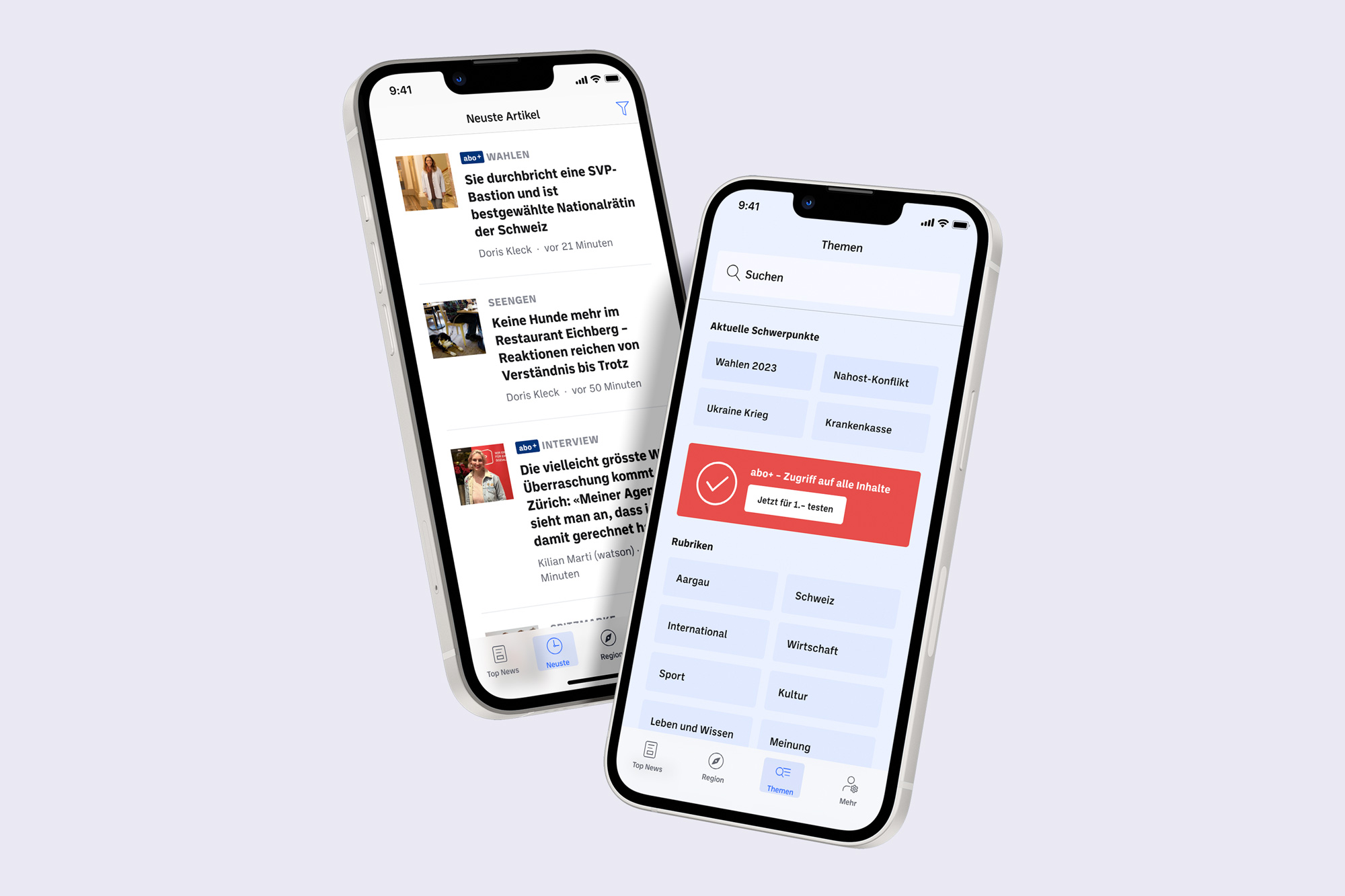 Two mobile mockups showing the tab latest and the navigation tab in a tile layout design