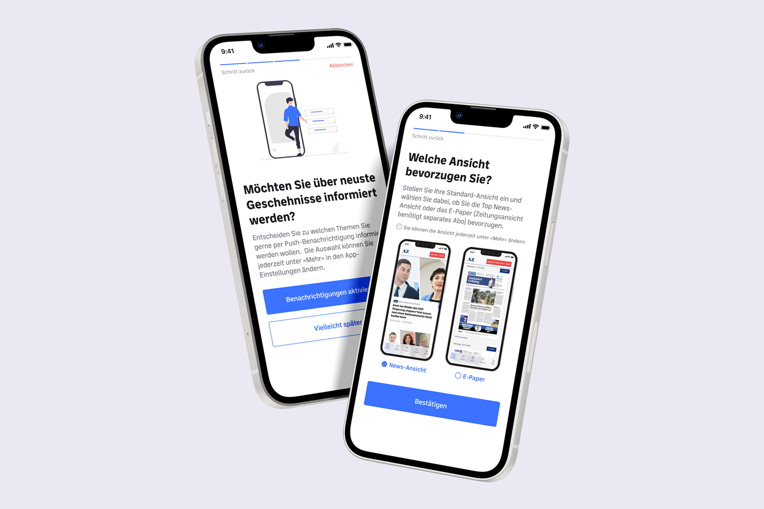 Two mobile mockups showing the onboarding wizard, including push notification activation and view-switch between news view or e-paper view