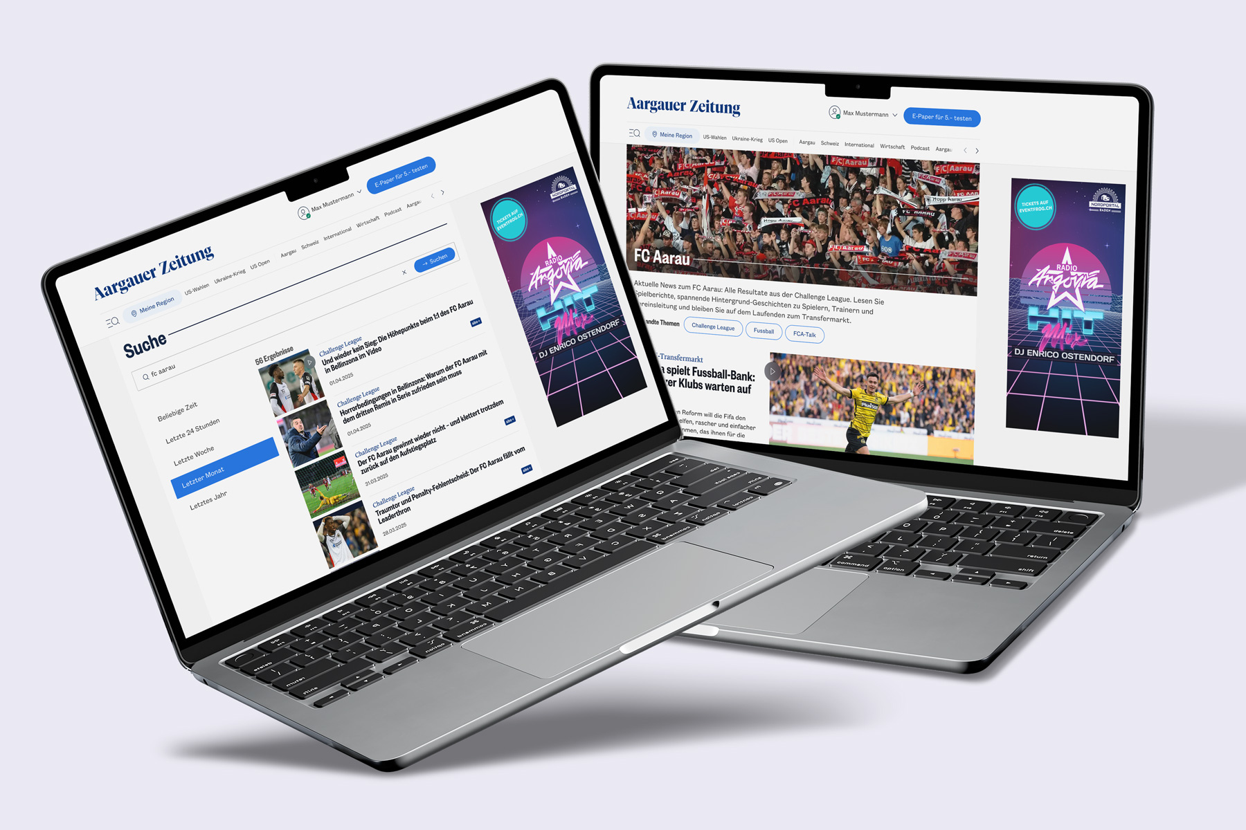 Two desktop mockups of the new design (search results and a topic page, FC Aarau).