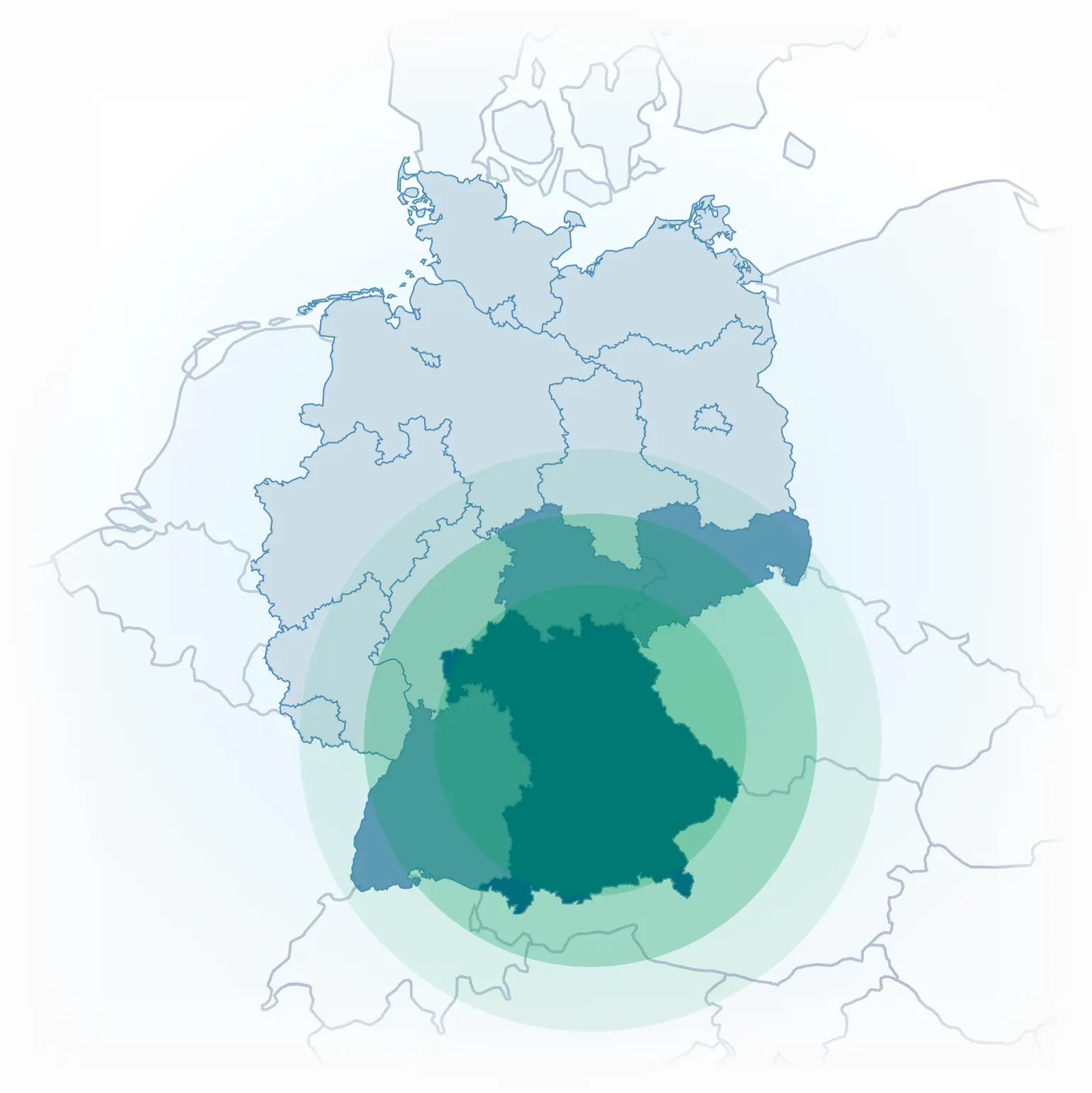 Karte von Deutschland mit einem zentralen, dunklen Bereich in der Mitte, umgeben von helleren, konzentrischen Kreisen, die nach außen hin verblassen.