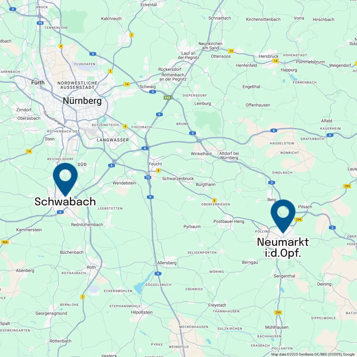 Karte mit zwei markierten Standorten: Schwabach und Neumarkt i.d.OPf. Schwabach ist im Westen und Neumarkt im Osten der Karte positioniert.