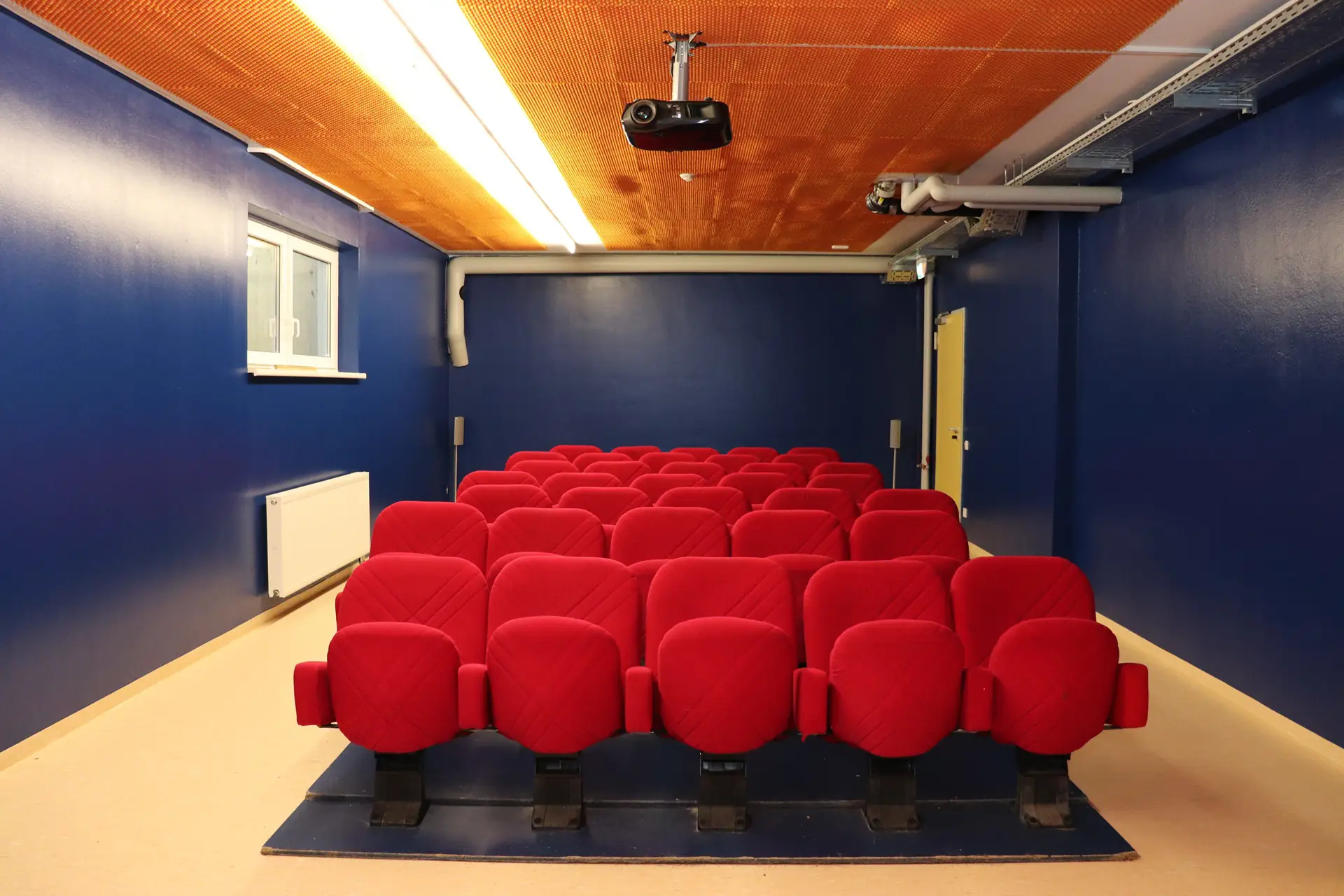 Kleiner Kinosaal mit mehreren roten Sitzreihen, blauen Wänden, Decke mit Holzverkleidung und Deckenprojektor.