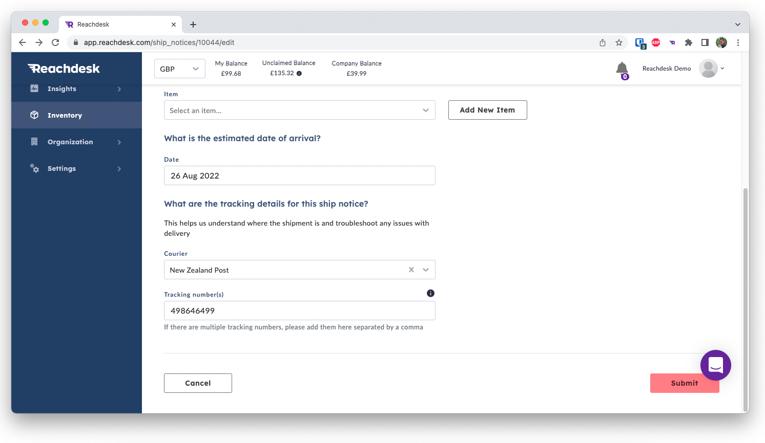 Reachdesk interface for Populate tracking for ship notices
