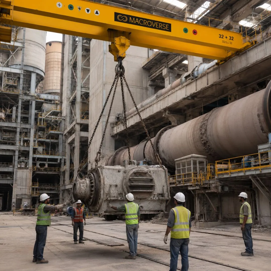 Four workers in safety gear guide a heavy machine part suspended by chains from a yellow overhead crane.