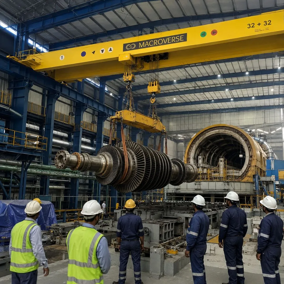 Workers wearing helmets watch a large turbine rotor being lifted by a yellow crane inside a power plant.