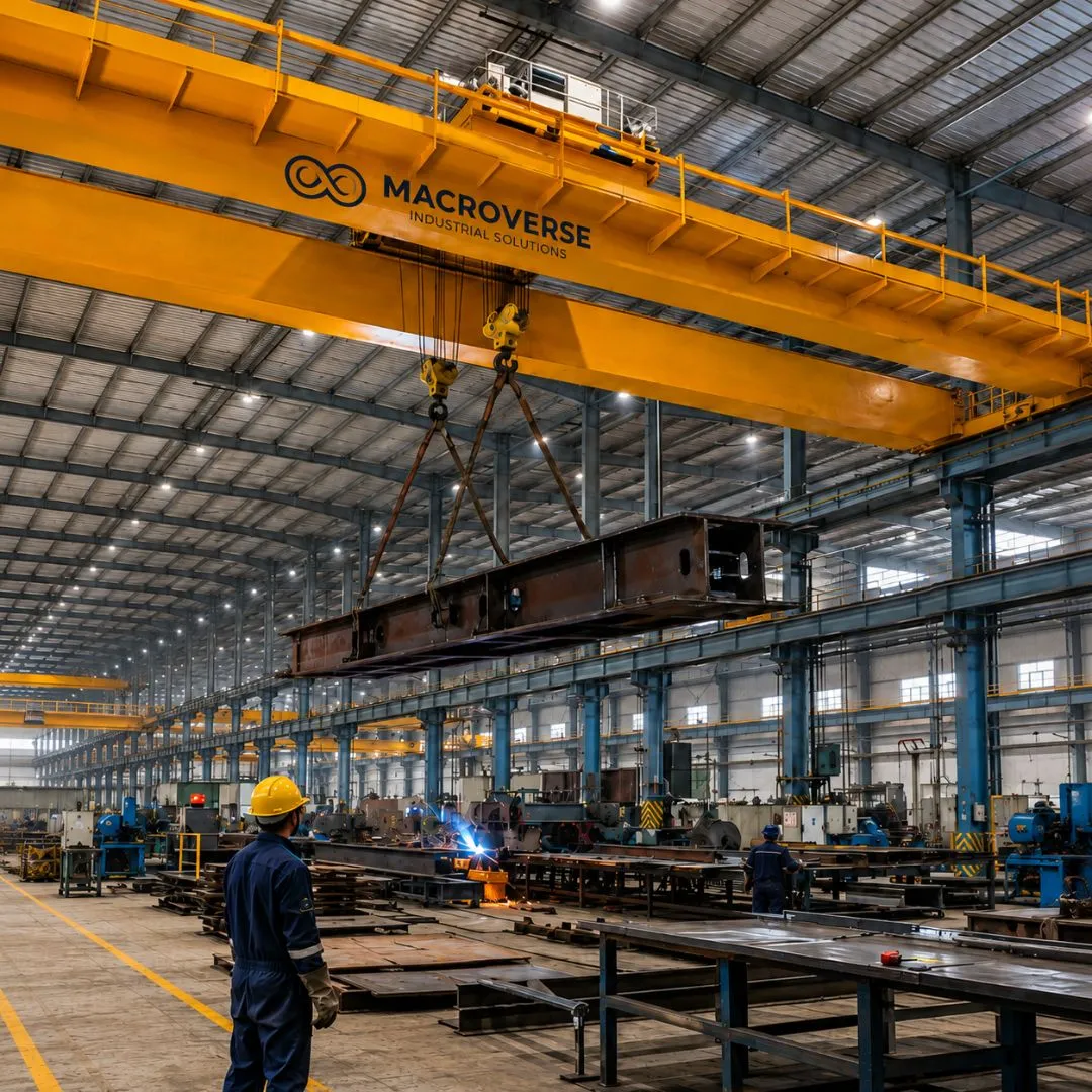 Worker in safety helmet watches a large steel beam lifted by a yellow overhead crane in a factory.