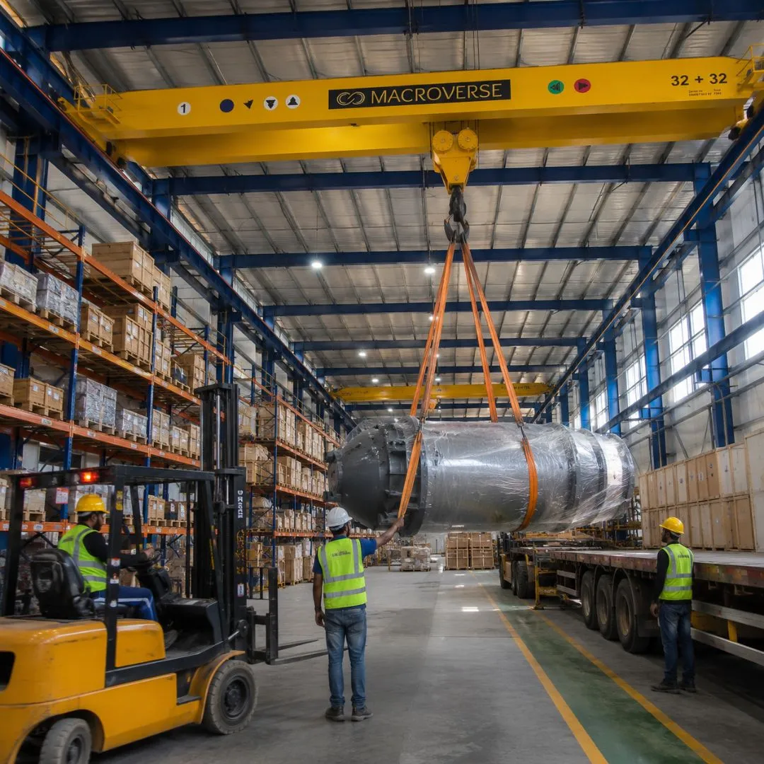 Workers in safety gear operate crane and forklift lifting a large wrapped industrial item in a warehouse.
